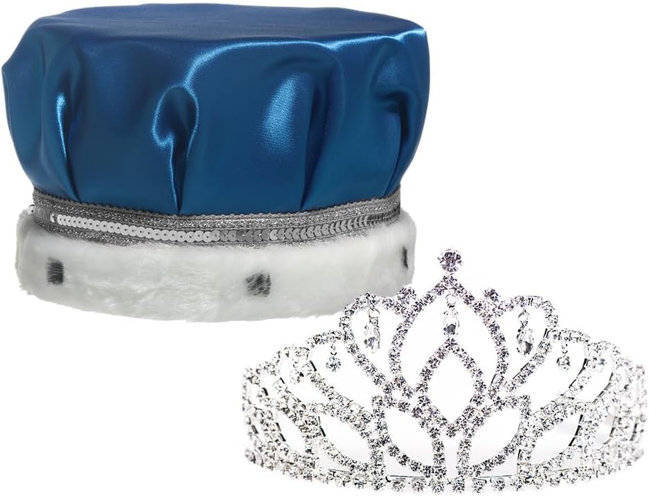 Blue Satin King Crown and Queen Tiara Royalty Set