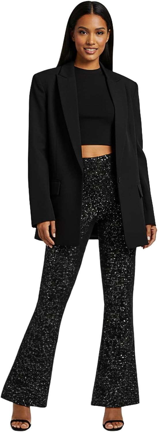 Women's Sparkly Flare Leggings, High Waisted Sparkle Bell Bottoms Pants Party Trousers for Club Night Out - Image 6