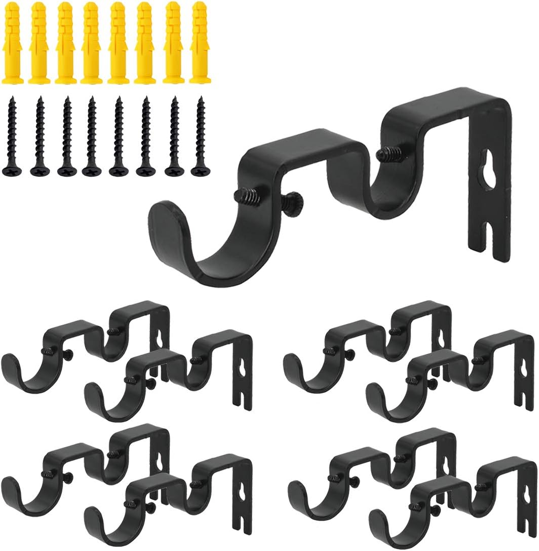 OVOV Double Curtain Rod Holders Heavy Duty Rod Brackets 9 Pack Black | Premium Material , for 1 Inch and 5/8 Inch Rod , Do It Yourself for Bedroom Living Room, Easy Installation