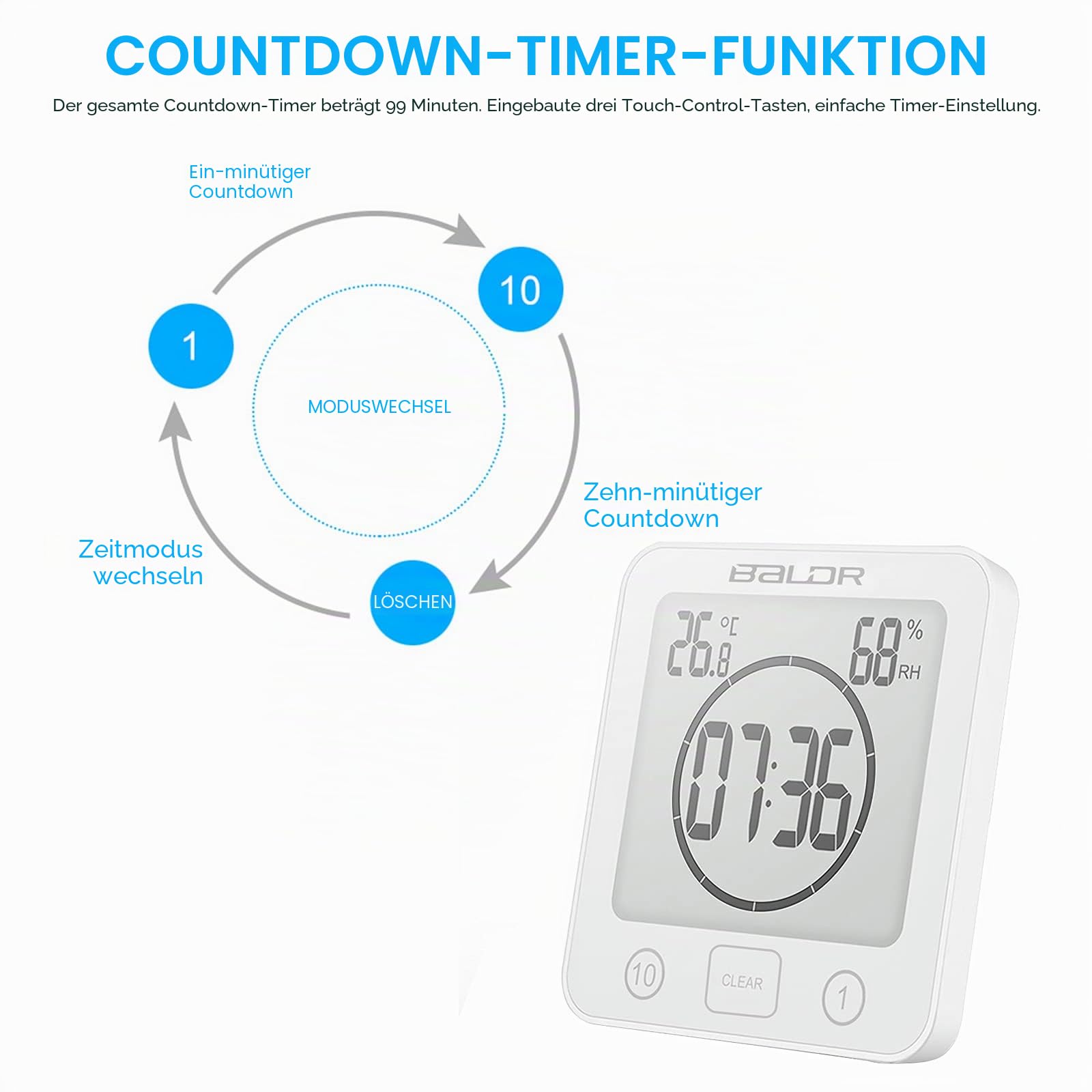 ALLOMN Badezimmer Uhr, LCD Digital Dusche Wecker wasserdichte Berührungssteuerung ℃ / ℉ Temperatur Luftfeuchtigkeit, Countdown Timer, 3 Montagemethoden, Batterieleistung (Weiß)