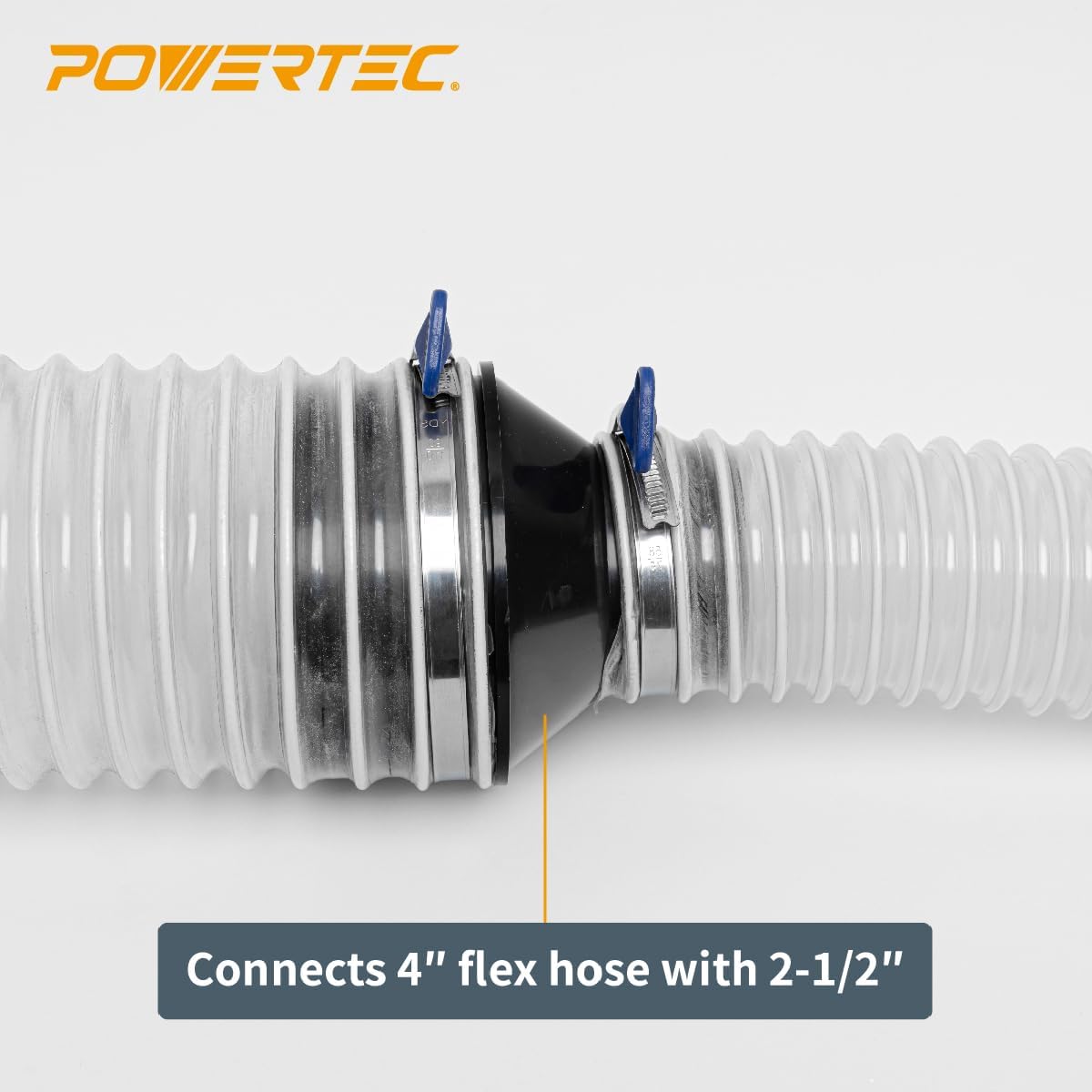 POWERTEC 2-1/2" x 20' PVC Dust Collection Hose for Dust Collector for Woodworking and Shop Vacuum w/ 2-1/2 Inch Key Hose Clamp & 4-Inch Hose to 2-1/2 Inch Hose Cone (70144+70127+70136)