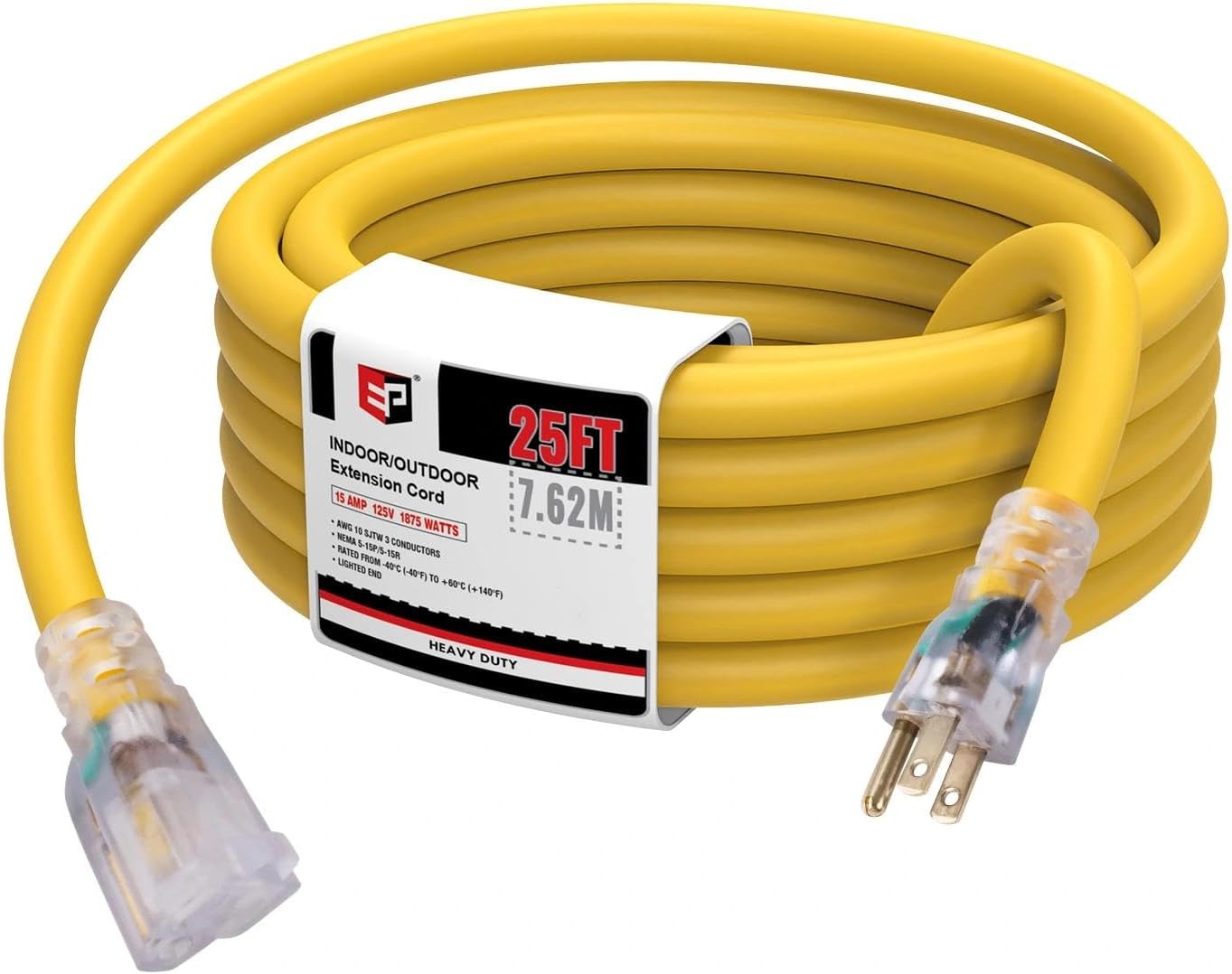 EP 25 Ft 10 Gauge Heavy Duty Lighted Outdoor Extension Cord with LED Indicator
