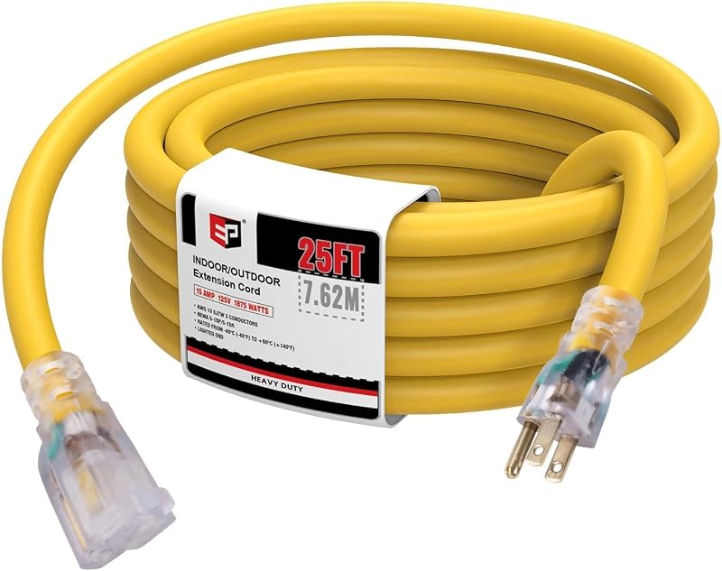 EP 25 Ft 10/3 SJTW Lighted Outdoor Extension Cord, Yellow | 10 Gauge Heavy Duty Extension Cable , 3 Prong Grounded Plug, Safety, ETL Listed