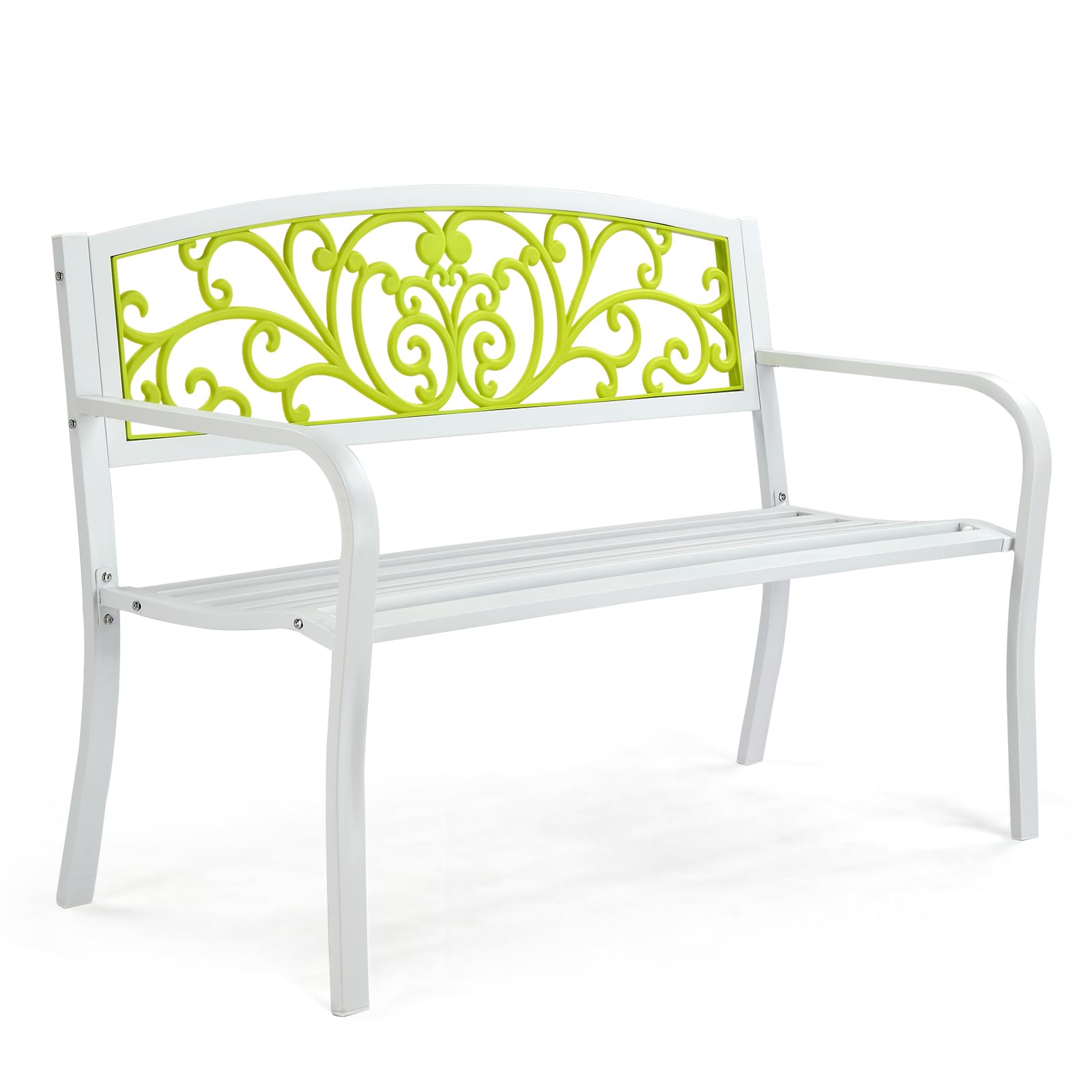 VINGLI Outdoor Bench for Patio Metal Garden Bench w/PVC Back Pattern, Black Park Benches Front Porch Benches for Yard Lawn Decor Deck Entryway (White&amp;Green)