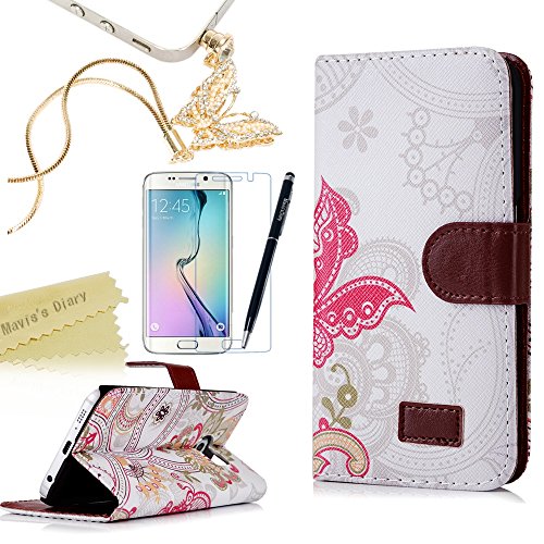 Mavis's Diary Galaxy S6 Edge Case Wallet Protective Flip Foilo Cover Deep Pink Butterfly Flowers PU Leather Card Slots for Samsung Galaxy S6 Edge & Bling Dust Plug & HD Screen Protector & Stylus
