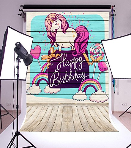Laeacco 3x5ft Vinyl Photography Background Children Happy Birthday Greeting Magic Unicorn Candy Lollipops
