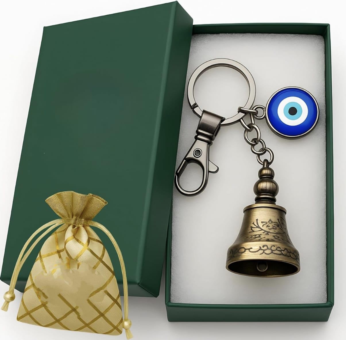 Guardian Bell Keychain for Bike & Car | Tibetan Texture Bell Keychain with Evil Eye & Silver Hook | Good Luck Charm