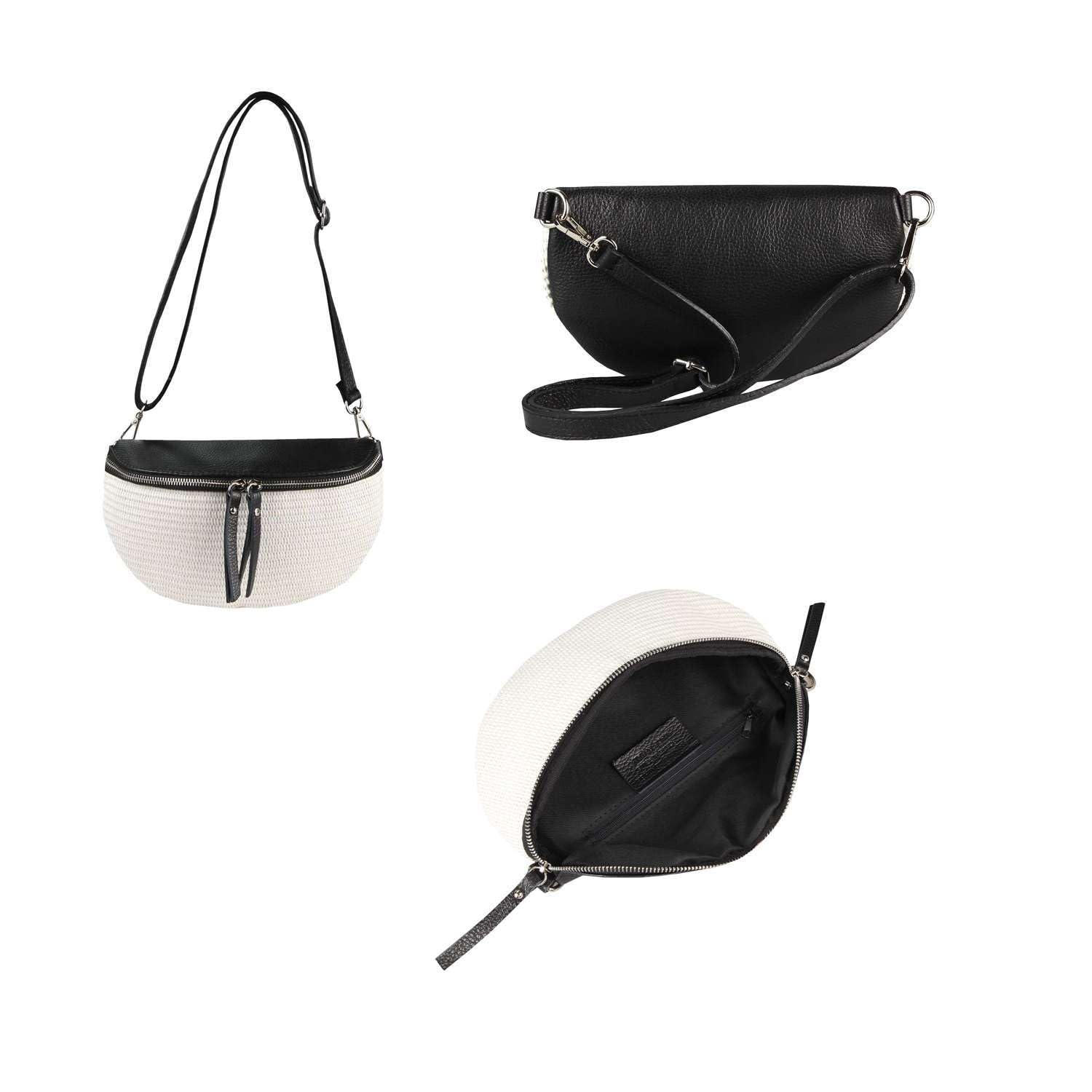 Made in Italy Damen Leder Tasche Basttasche Schultertasche Gürteltasche Sommer Strandtasche Crossbody Bauchtasche Umhängetasche Cross-Over Bodybag Handytasche Geflochten Bast Abendtasche