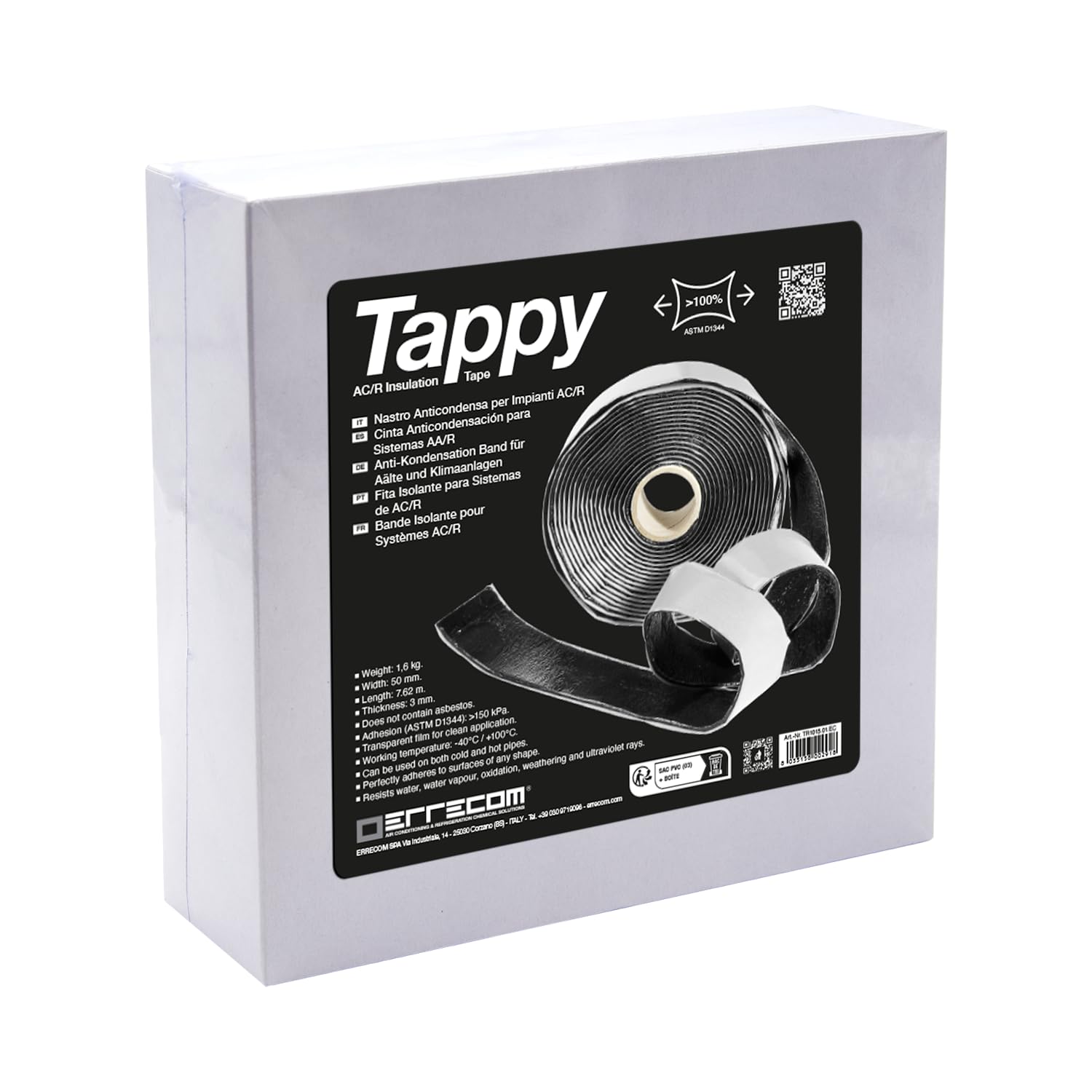 ERRECOM Tappy, Nastro Anticondensa in gomma butilica per Impianti di Climatizzazione e Refrigerazione, 50 mm x 3 mm x 7,62 m, peso 1,6 kg