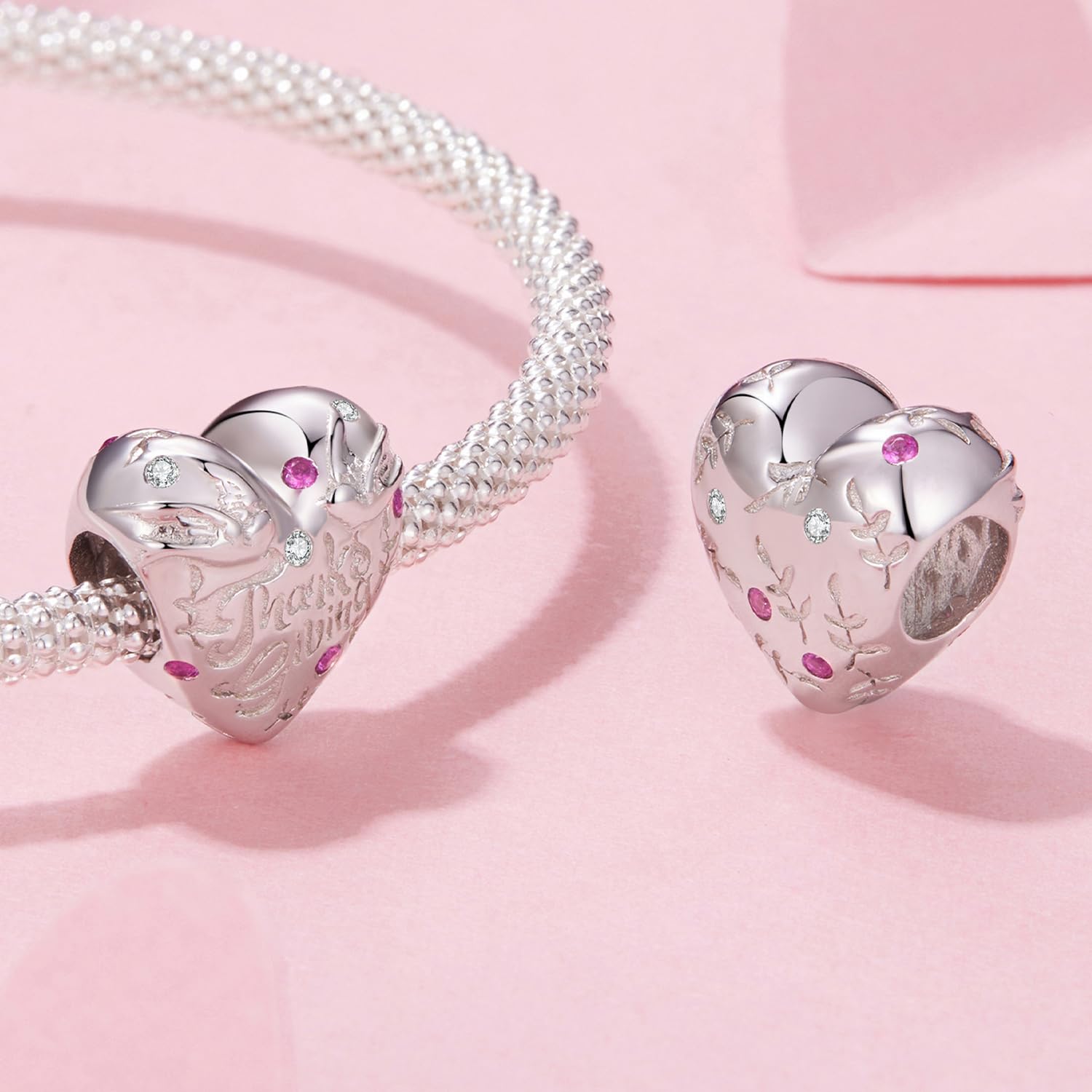 Ciondolo a forma di cuore del Ringraziamento, in vero argento Sterling 925, compatibile con la maggior parte dei braccialetti con ciondoli