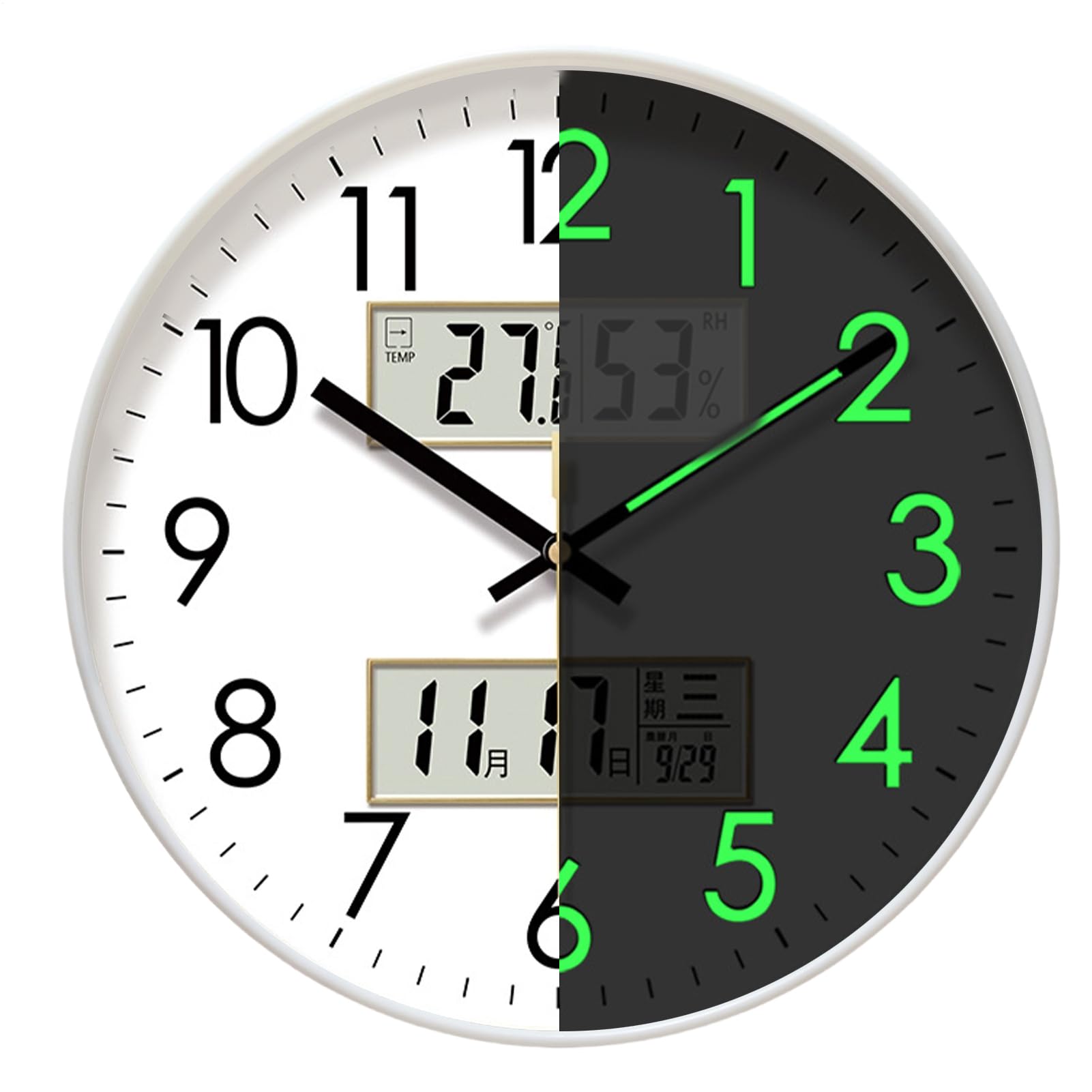 Generisch Non ticchettio – Rotondo, Illuminato, Orologio Silenzioso Con | Calendario, Temperatura E Umidità | 10/12/14 Pollici Grande Display Digitale Luce Notturna - Per Camera Da Home Decor