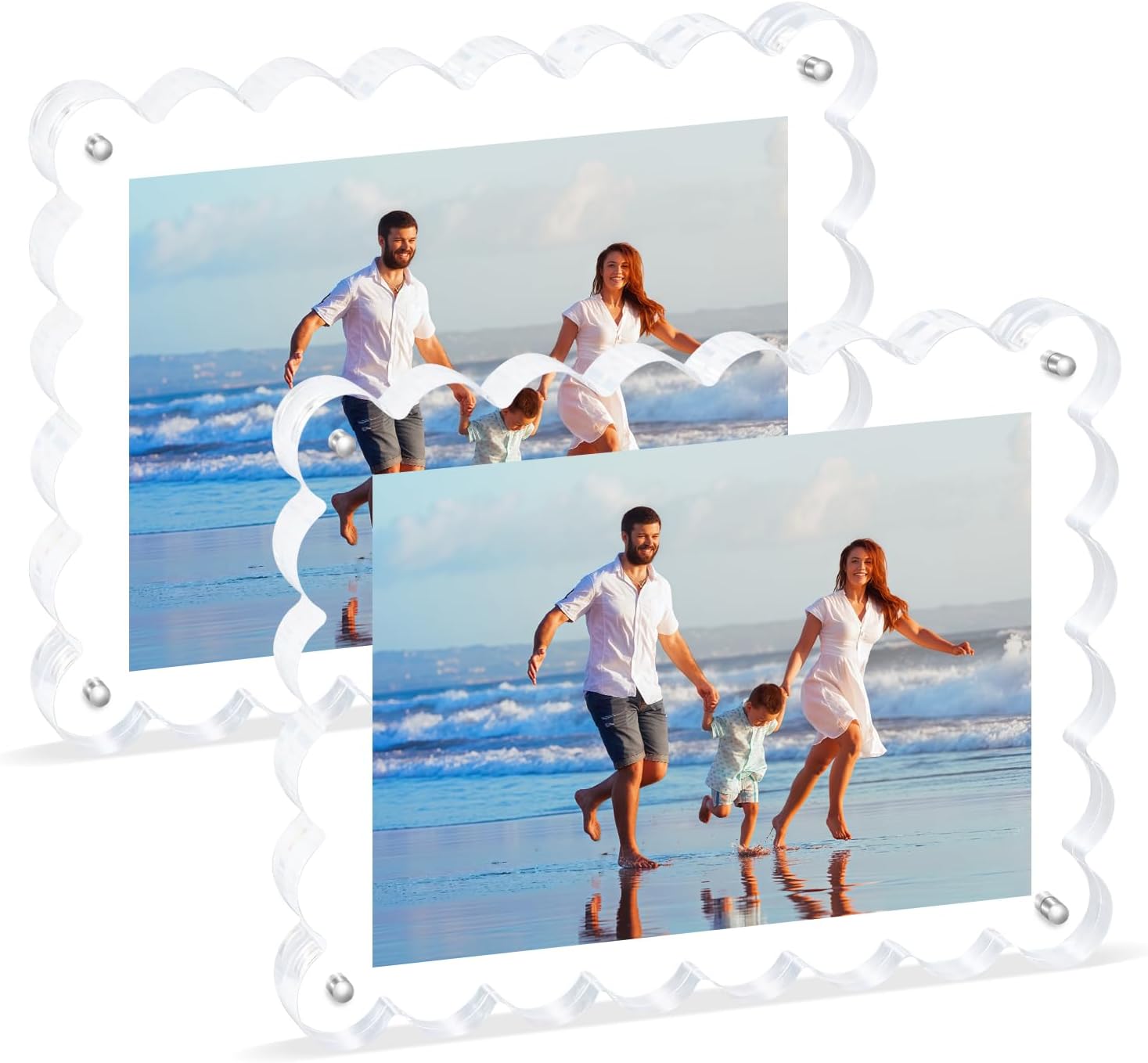 2Pack Acrylic Magnetic Photo Frame 5x7 Inch - Sleek Scalloped Design, 10 10mm Thick Crystal Clear Block, Freestanding Double-Sided Magnet |Trendy Home Gift (2 Pack, 5X7)