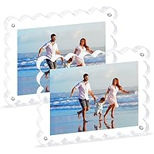 Novacrylion 2Pack Acrylic Magnetic Photo Frame 5x7 Inch - Sleek Scalloped Design, 10+10mm Thick Crystal Clear Block, Freestanding Double-Sided Magnet |Trendy Home Gift (2 Pack, 5X7)