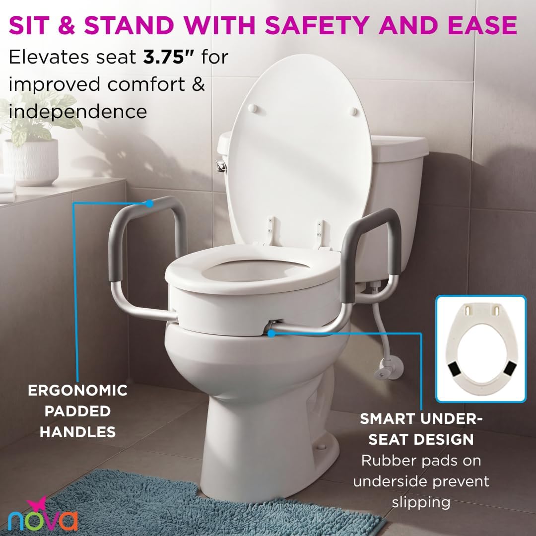 NOVA Raised Toilet Seat with Handles for Seniors – Elongated Toilet Riser with Safety Grab Bars, Elevated Toilet Seat for Elderly, Disabled & Post-Surgery Support - Elongated Toilet