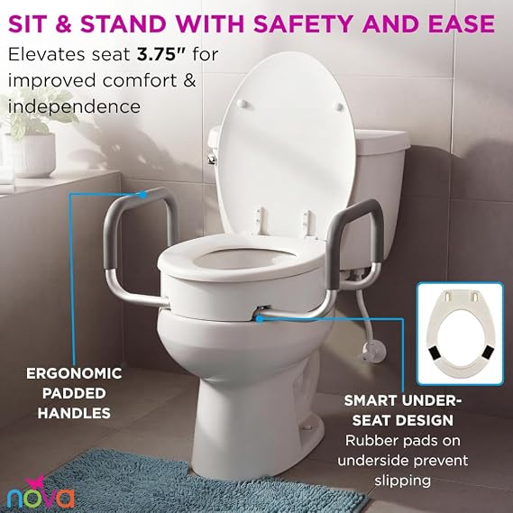 NOVA Raised Toilet Seat with Handles for Seniors Elongated Toilet Riser with Safety Grab Bars, Elevated Toilet Seat for Elderly, Disabled & Post-Surgery Support - Elongated Toilet