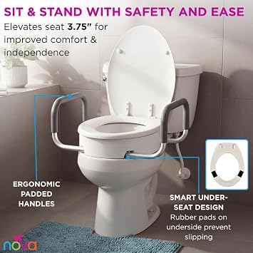 NOVA Raised Toilet Seat with Handles for Seniors Elongated Toilet Riser with Safety Grab Bars, Elevated Toilet Seat for Elderly, Disabled & Post-Surgery Support - Elongated Toilet