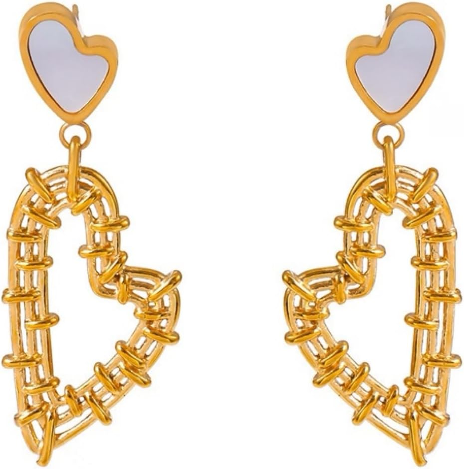 18k Gold-Plated Stainless Steel French White Shell Pendant Hollow Heart Woven Earrings for Women - Elegant Vintage Chunky Large Gold Heart Earrings, Valentine's Day Gift