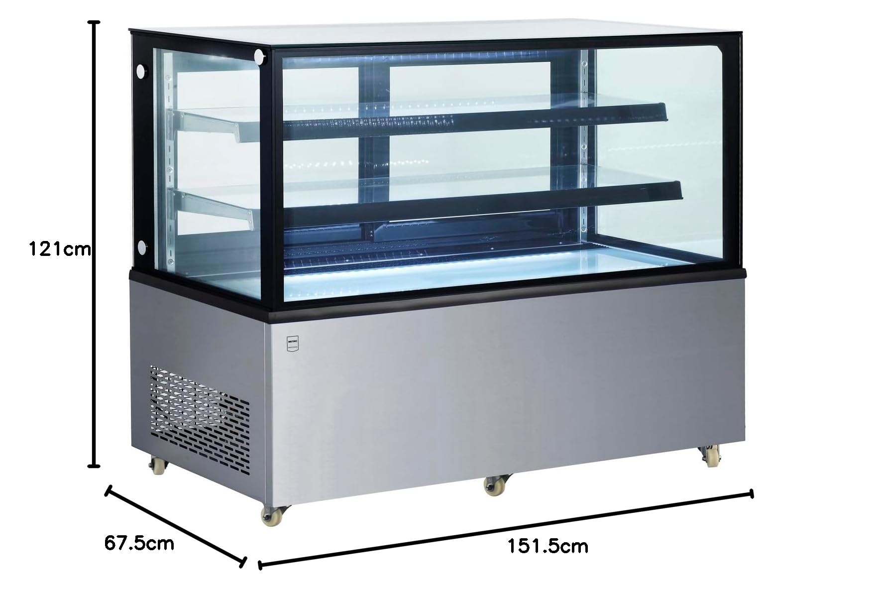 METRO Professional Vetrina Refrigerante GCV1470, Acciaio Inox/Vetro, 151.5x67.5x121 cm, 510L, 490W, 2 Ripiani, con Ruote, Argento