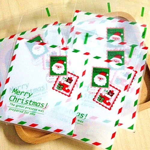 Dosige Creative Green Stamp Print Cookie Candy Package Bags Santa Claus Merry Christmas Self Adhesive Treat Bags Christmas Supplies