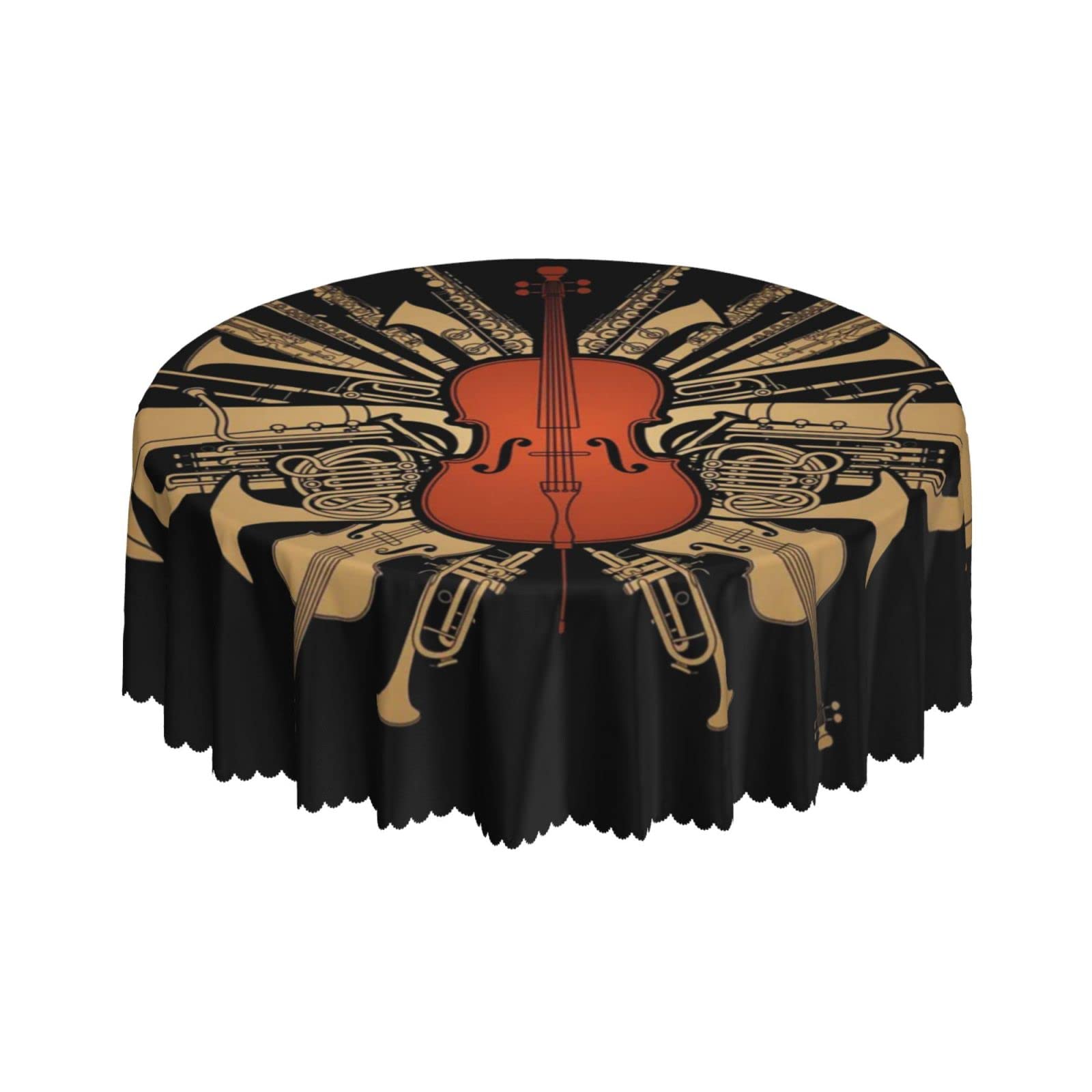 Lsjuee Brown Orchestra Instruments Black Round Tablecloth 60 Inch Printed Washable Tablecloth for Dining Party Holiday Fall Home Decorative