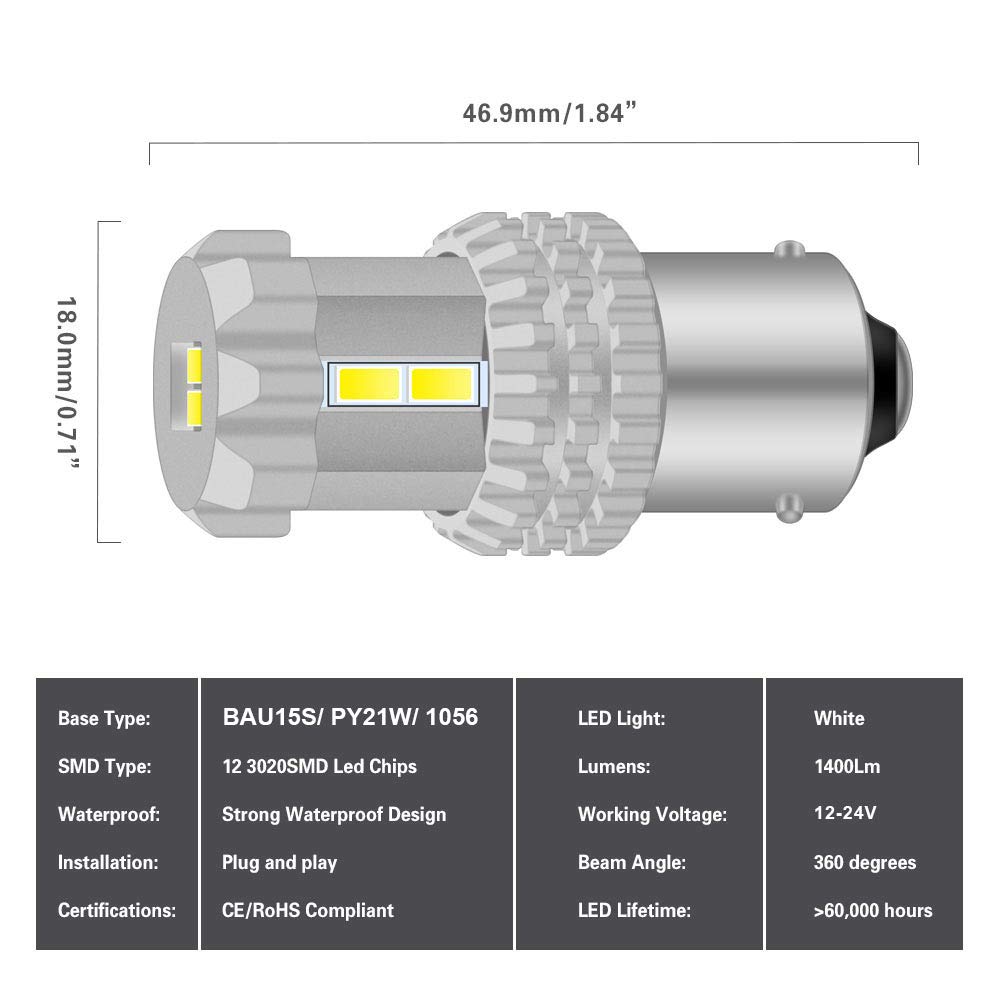 BAU15S 7507 1156PY PY21W (150 °) Ampoules Led Blanc Xenon Haute Puissance 24W 12SMD 3020 Chipsets 2760LM 6500K pour Feu Arrière, Veilleuse, Spots Arrières (Pack de 2)