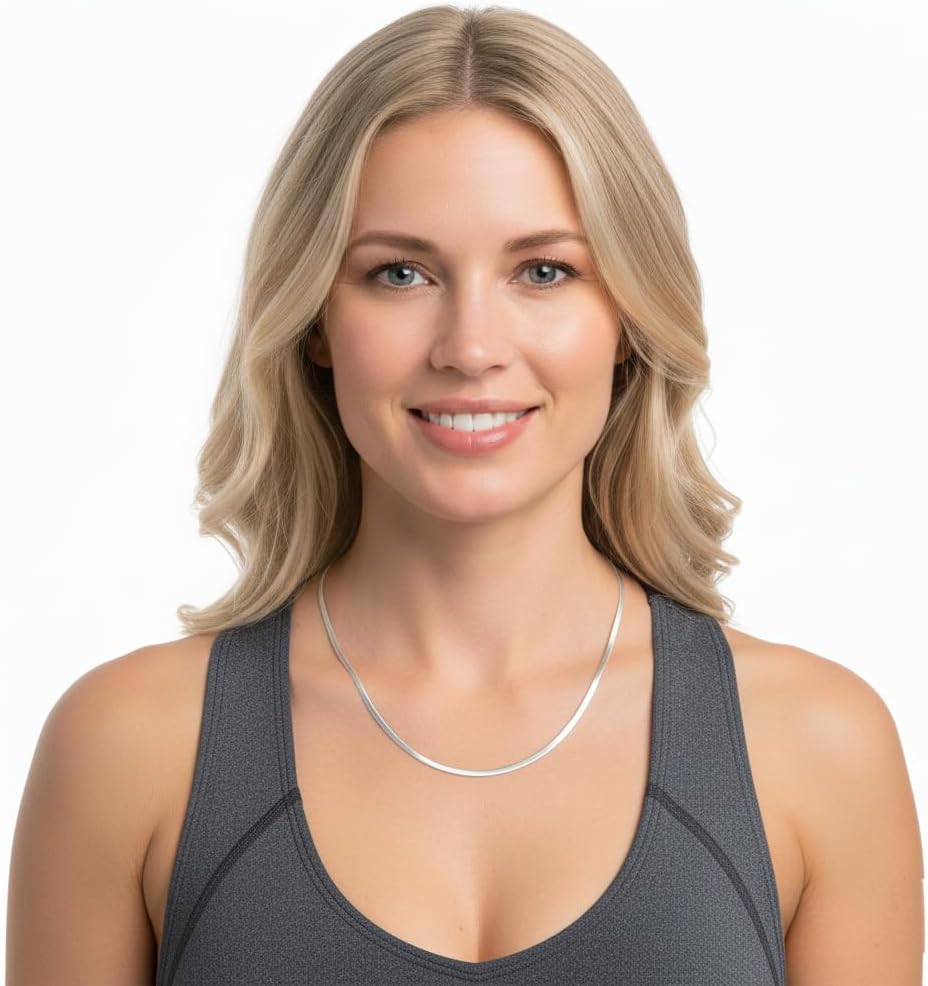 925 Sterling Silver Herringbone Necklace, 3mm Flat Snake Chain – 16 Inch (6.50g) & 18 Inch (7.50g) – Italian Style Shiny Sterling Silver Chain for Women & Men – Tarnish-Resistant, Hypoallergenic Jewelry