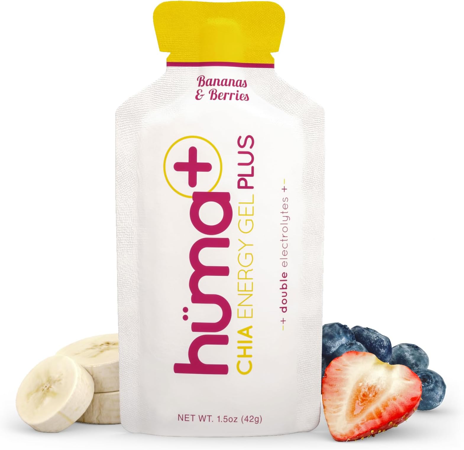 Huma Plus (Double Electrolytes) - Chia Energy Gel, Banana Berry, 12 Gels - Stomach Friendly, Real Food Energy Gels