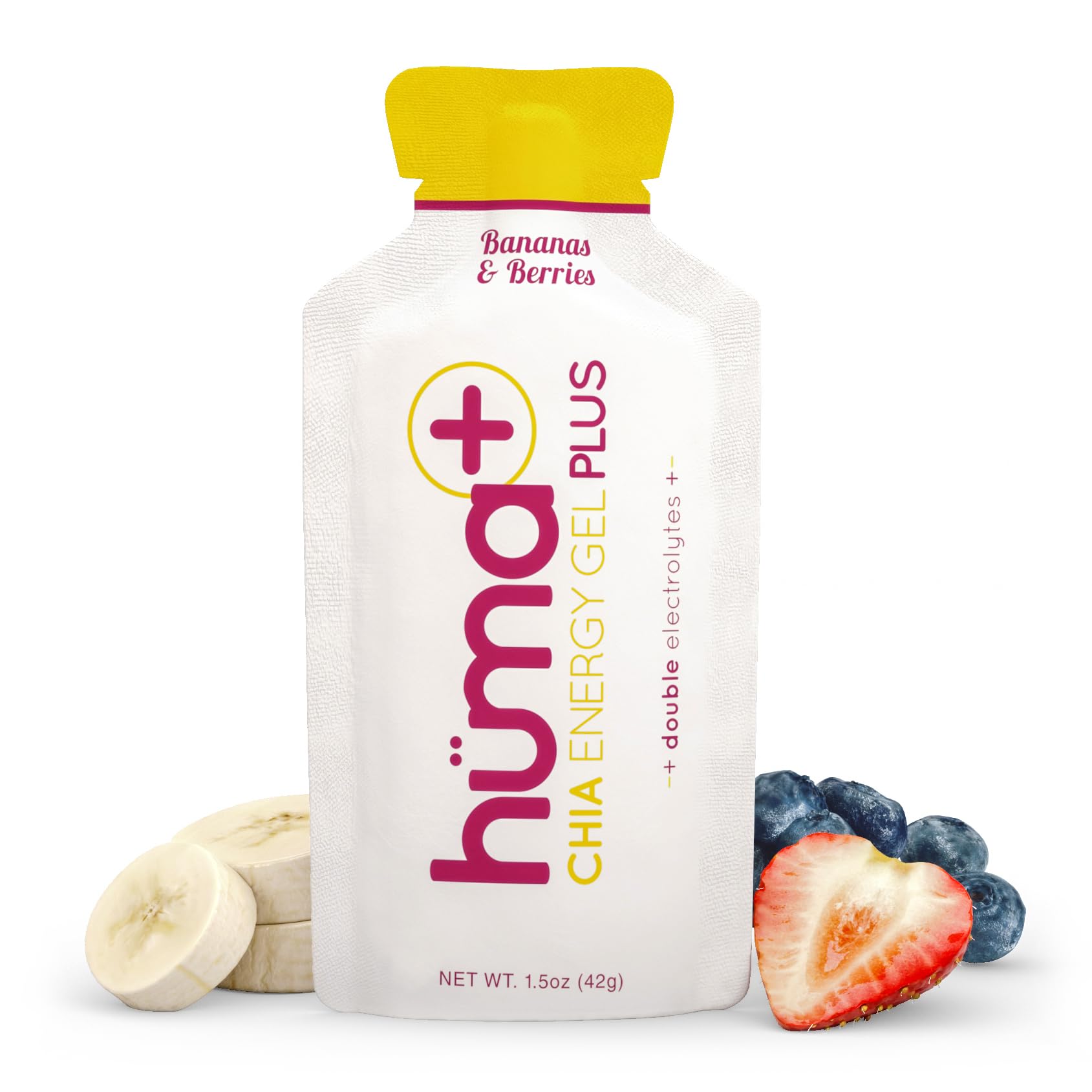 Huma Plus (Double Electrolytes) - Chia Energy Gel, Banana Berry, 12 Gels - Stomach Friendly, Real Food Energy Gels