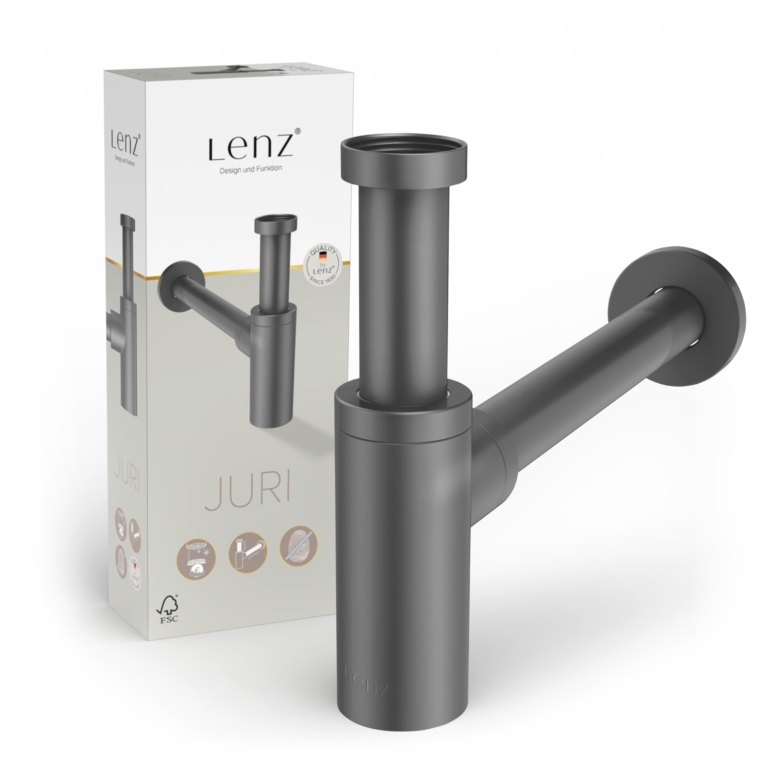 Lenz Design-Siphon JURI in Graphit – Für alle gängigen Waschbecken | Typ 1 1/4", Rohre extralang und anpassbar, Reinigungsöffnung und Geruchsverschluss, Anti-Fingerabdruck Oberfläche, 46090031