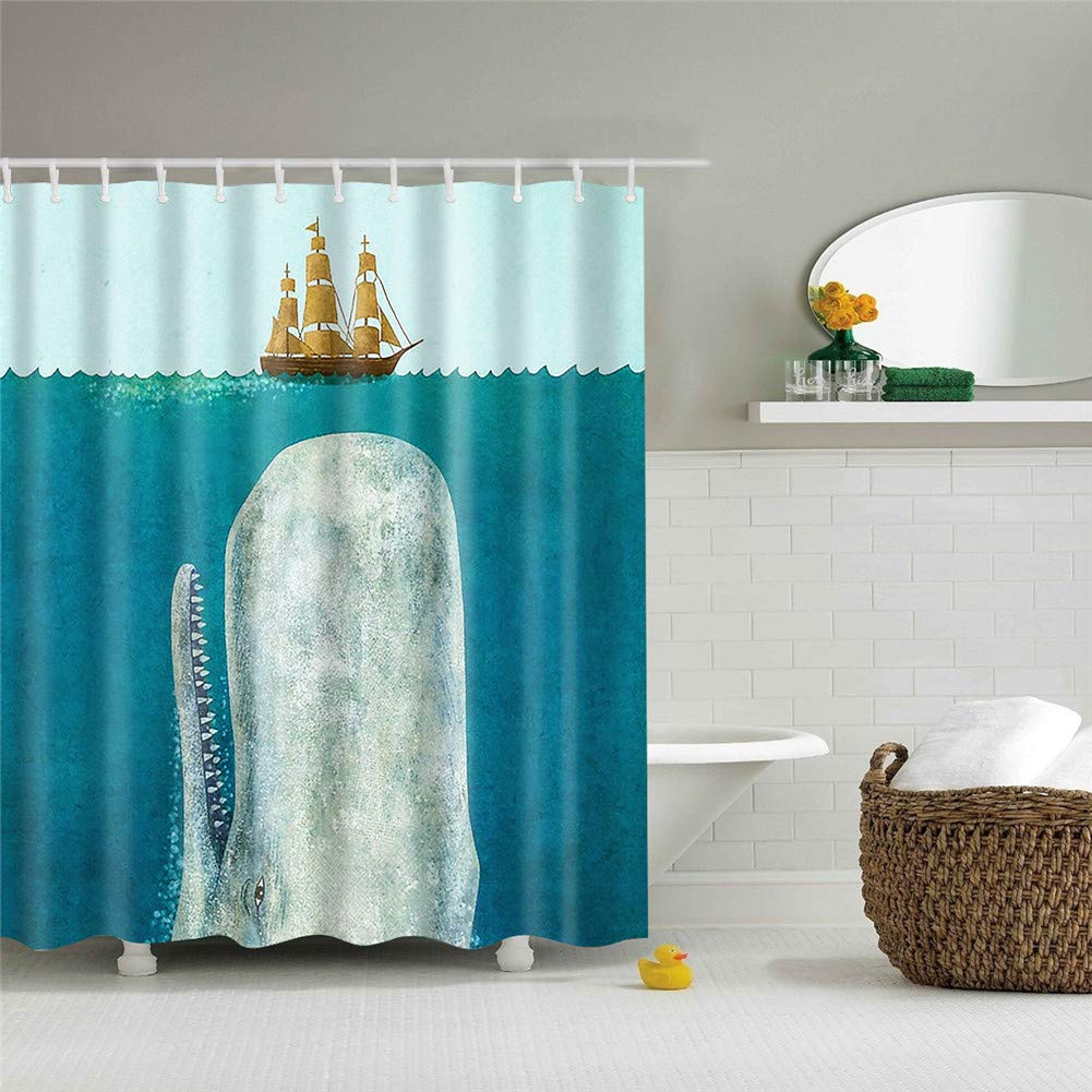 Fansu Anti-Mould Shower Curtains Waterproof Antibacterial Washable, 3D Printing Bathroom Curtain 100% Polyester Bathtub Curtain with 12 Rings (Whale,90x180cm)