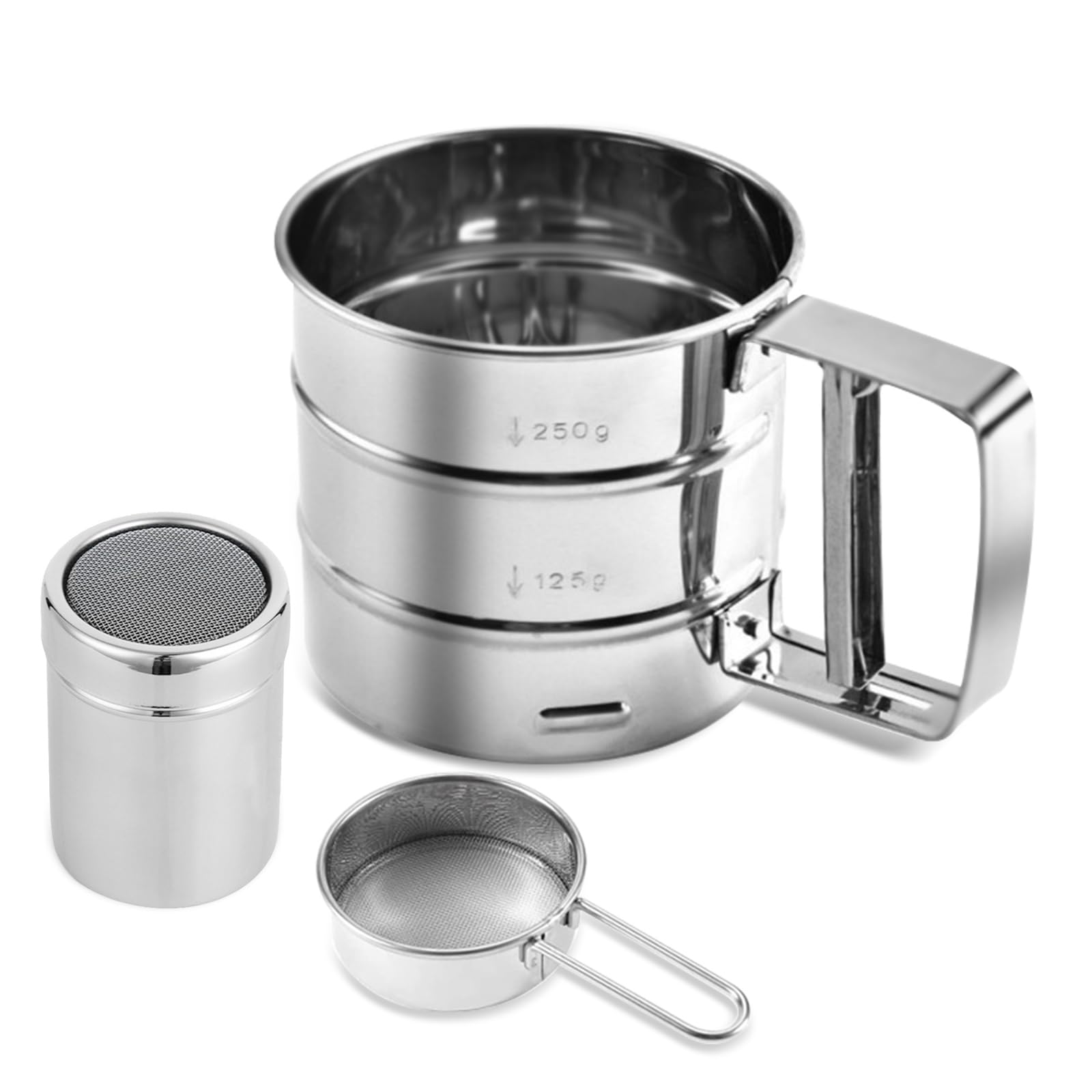 Tamiz de harina de acero inoxidable 3 en 1 para hornear, tamiz de 3 tazas para hornear, tamiz de harina para hornear pasteles, pasteles, magdalenas y postres, plumero de azúcar en polvo, con diseño de