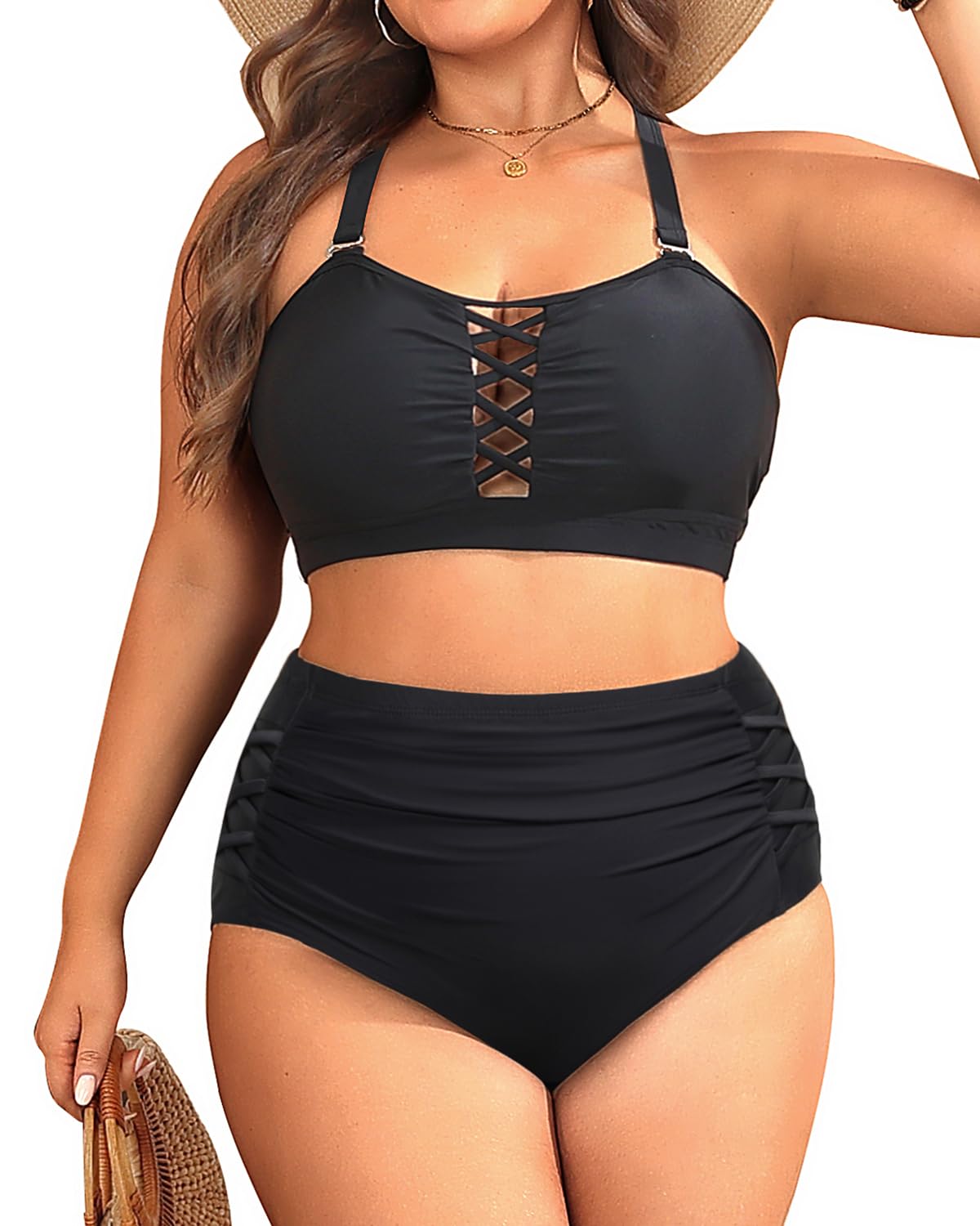 Daci Women Plus Size Two Piece Swimsuit - High Waisted Bikini Tummy Control Bathing Suit Bandeau Swimwear