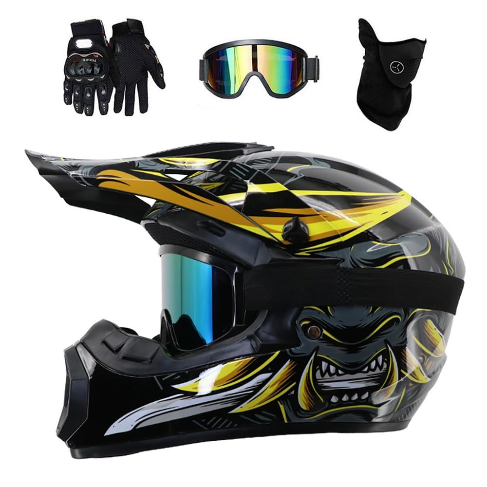 Full Face Motocross Helmet, with Goggles Gloves Mask, Youth Kids Off Road Sport ATV Scooter Motorbike Crash Helmet, Downhill Enduro MTB BMX Racing Quad Dirt Bike Helmets(Z13,M/56-57CM)