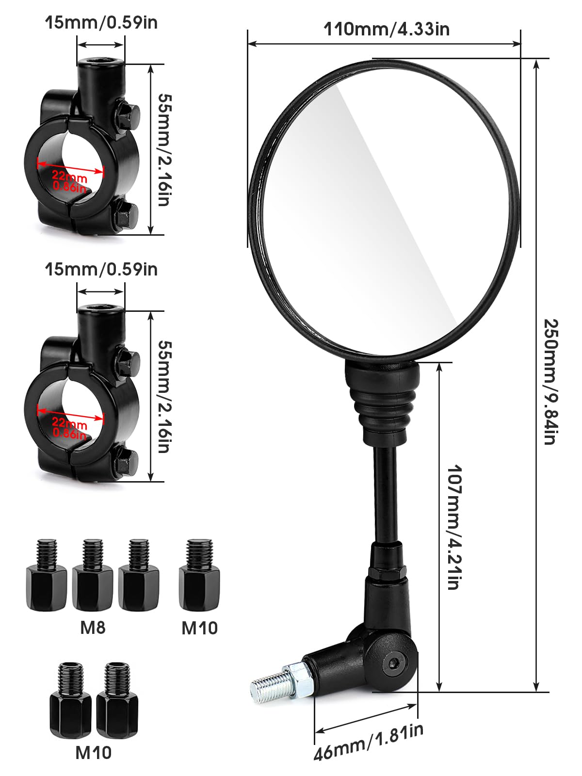 Rétroviseur Universel Pour Moto Et Scooter - Certifié E-mark - Lentille Verre 142 Mm - Embase 7/8" - Filetages M10 Et M8 Inclus - 3