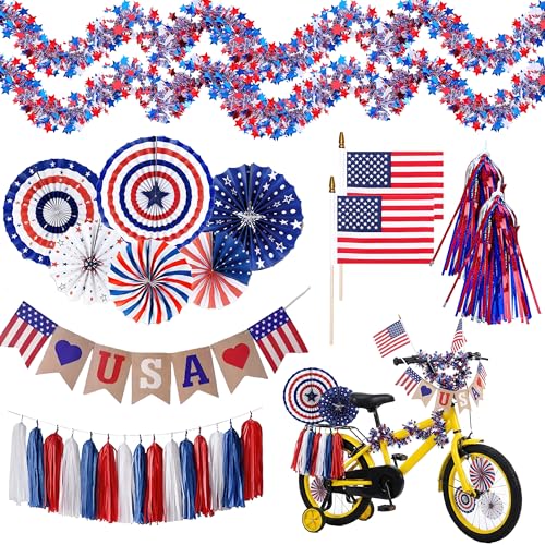 Patriotic Parade Decorations Set for Kids Bikes & Golf Carts | 4th of July Independence Day Kit with USA Flags Streamers & Tinsel Garlands
