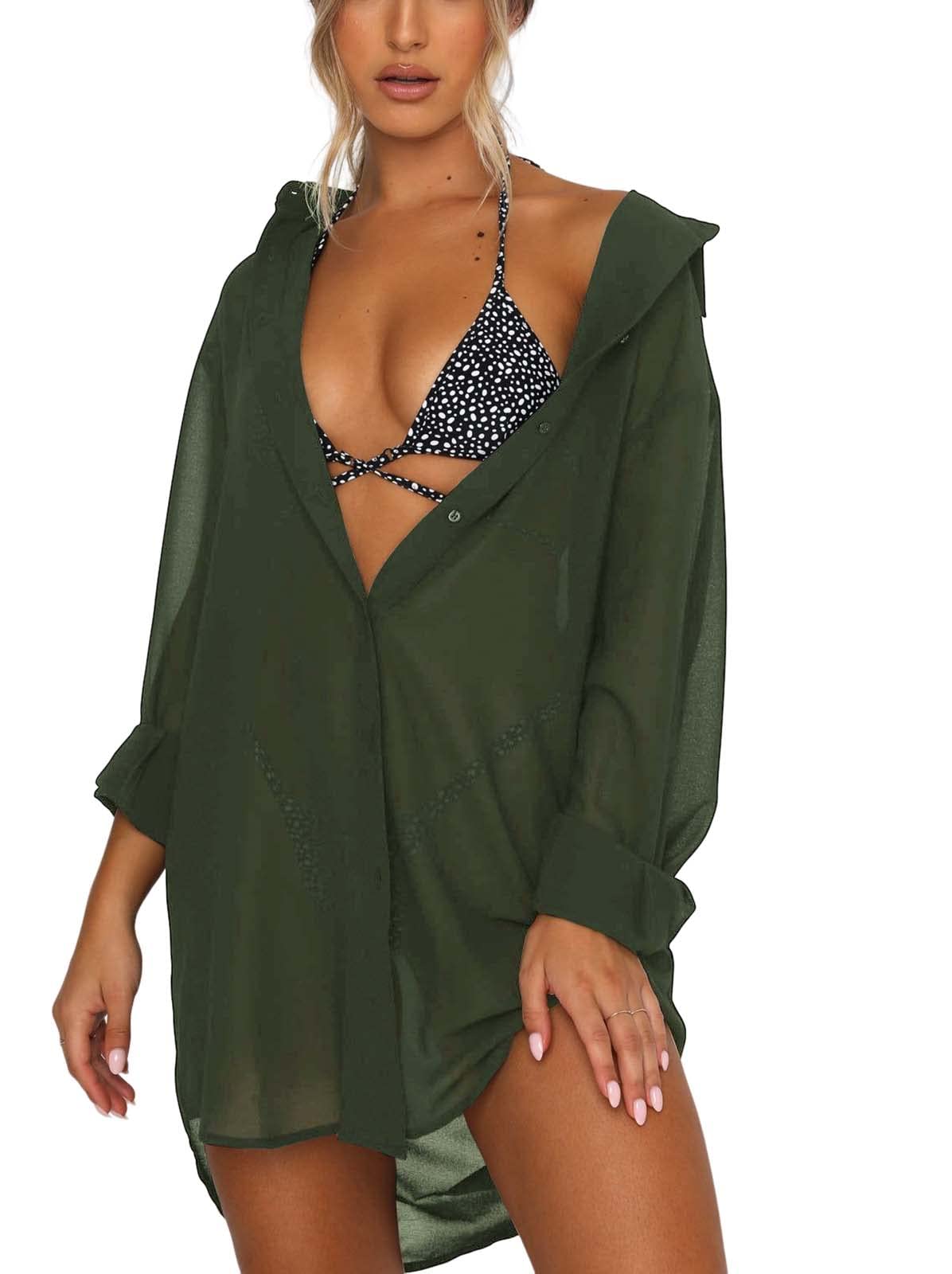 Women's Swimsuit Beach Cover Up Loose V-Neck Button Down Bikini Bathing Suit