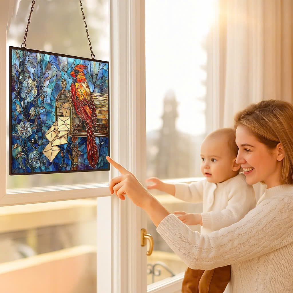 Customized Rectangle Nature Inspired Christmas Cardinal On Mailbox Suncatchers for Windows, Stained Glass Window Hangings,Hand-Painted Glass Panel Perfect for Home Décor