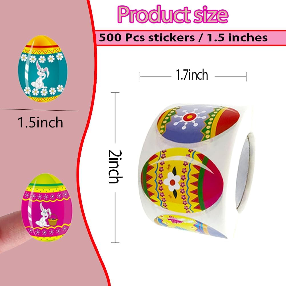 500Pcs Easter Egg Stickers Roll - 9 Pattern Designs Self-Adhesive Sealing Stickers, Rabbit Flower Waterproof Decals for Easter Spring Party Envelope Scrapbook Decor