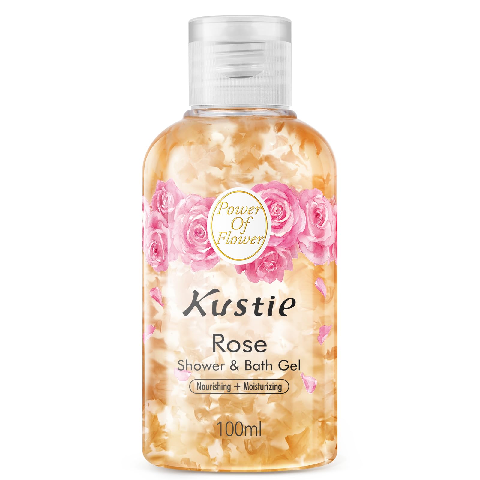 Kustie Rose Petal Travel Size Body Wash - Real Petals, Rose Water & Essential Oil for Deep Nourishing, Dewy & Silky-Smooth Skin with Hyaluronic Acid,