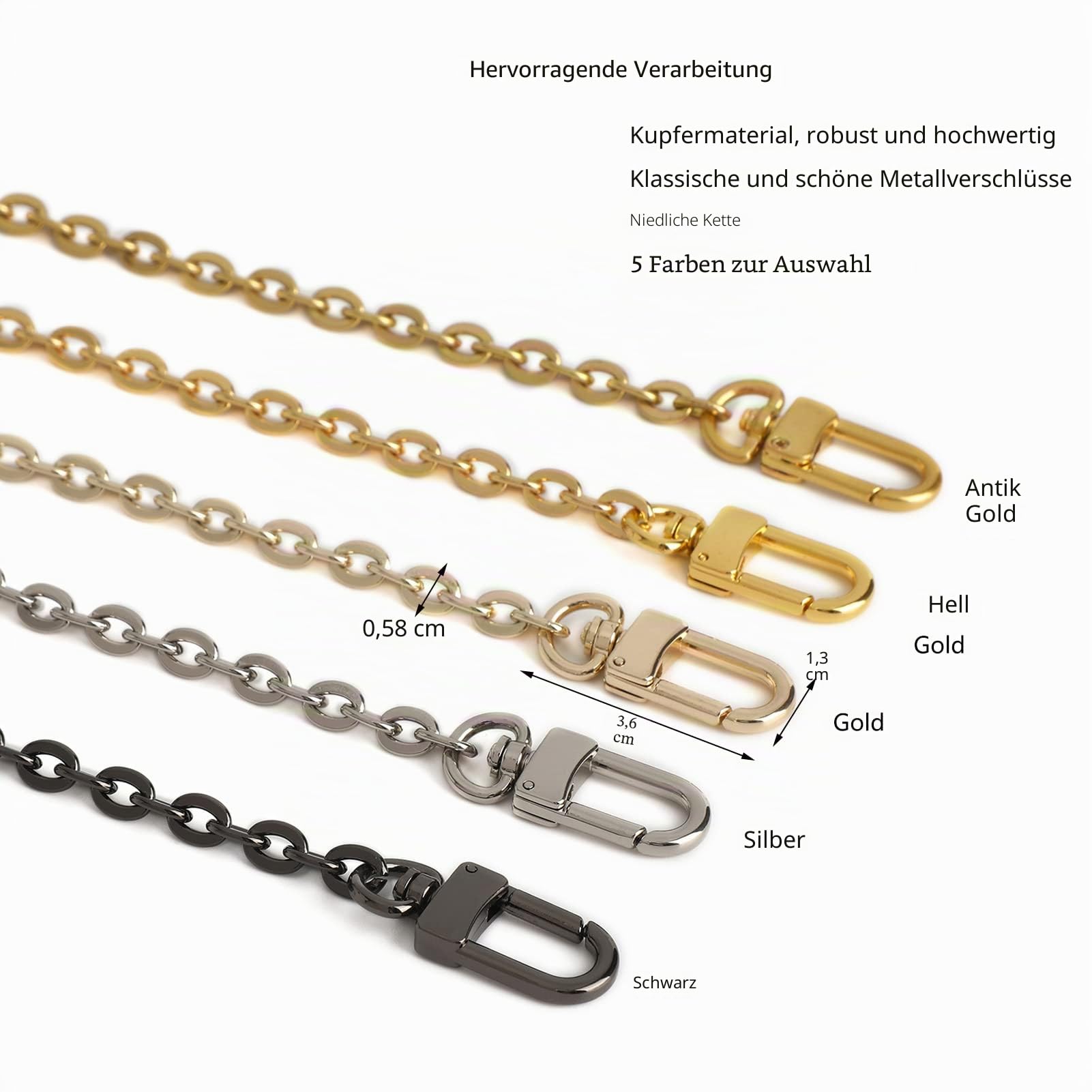 Xiazw Mini-Kupferkette für Handtaschen, Schulter- und Umhängetaschen, Taschenriemen als Taschenaccessoire und Dekoration (helles Gold, 45,7 cm)