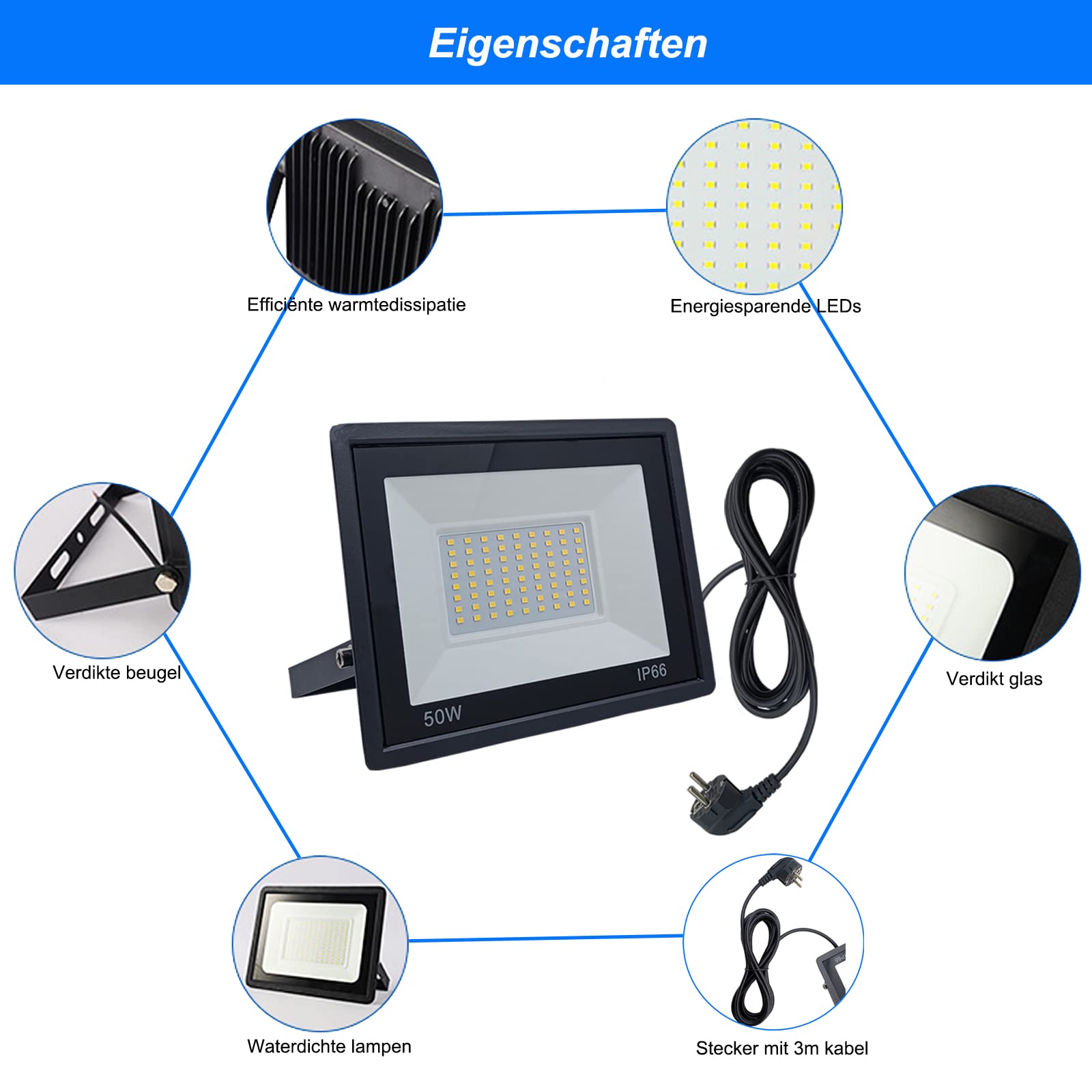 Projecteur Exterieur led 50W Spot led Extérieur avec prise mâle IP66 Etanche Eclairage de Sécurité avec 3m câble, Super lumineux Lumières d'inondation pour Jardin Patio Garage, Blanc chaud 3000K