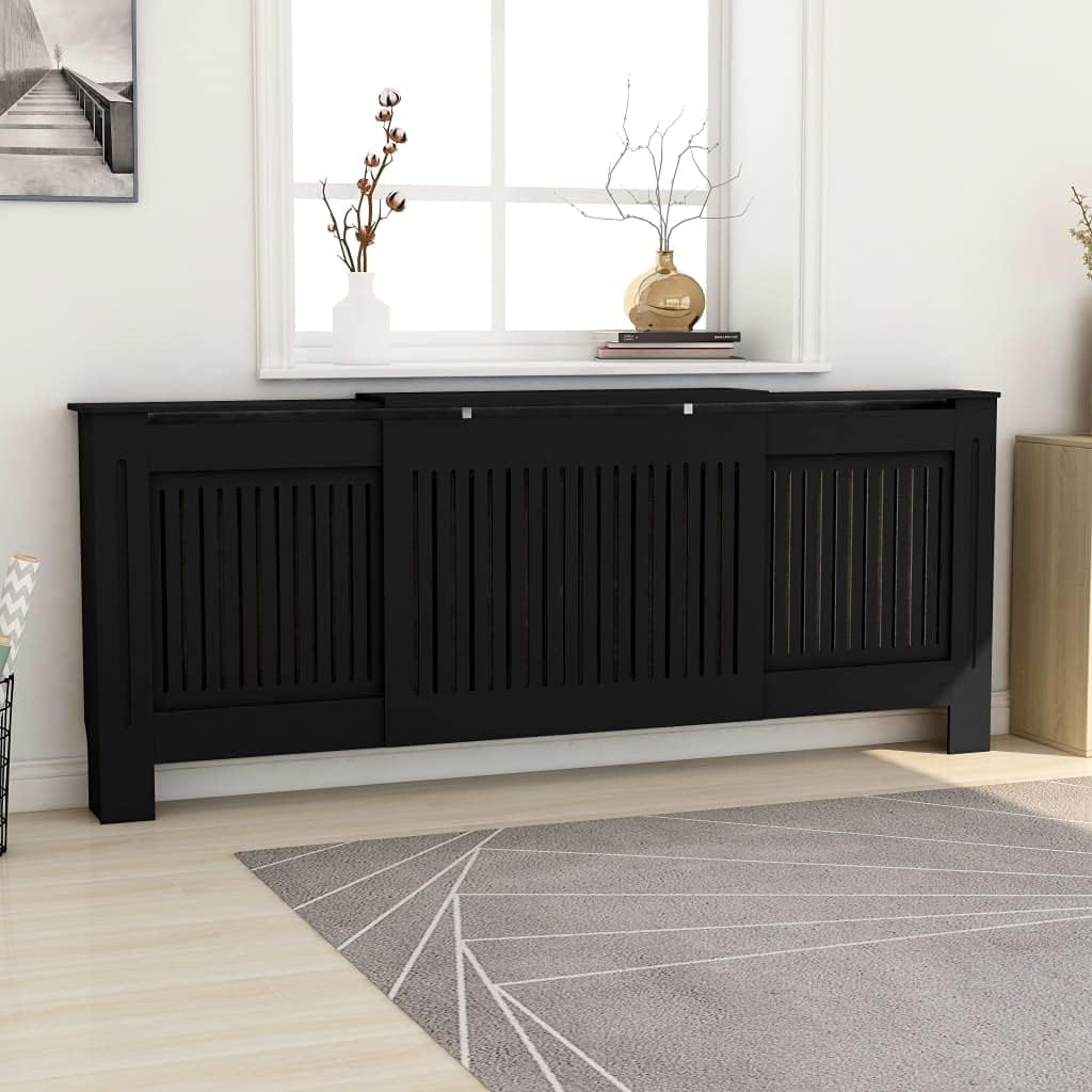 vidaXL Radiator Cover with Adjustable Length, Slatted Design Heater Cover Cabinet with Storage Shelf, Hide Cluttered Pipes, MDF, 55.5-80.7''x6.6''x32.1'', Black 205.0 x 20.6 x 81.5 cm Black