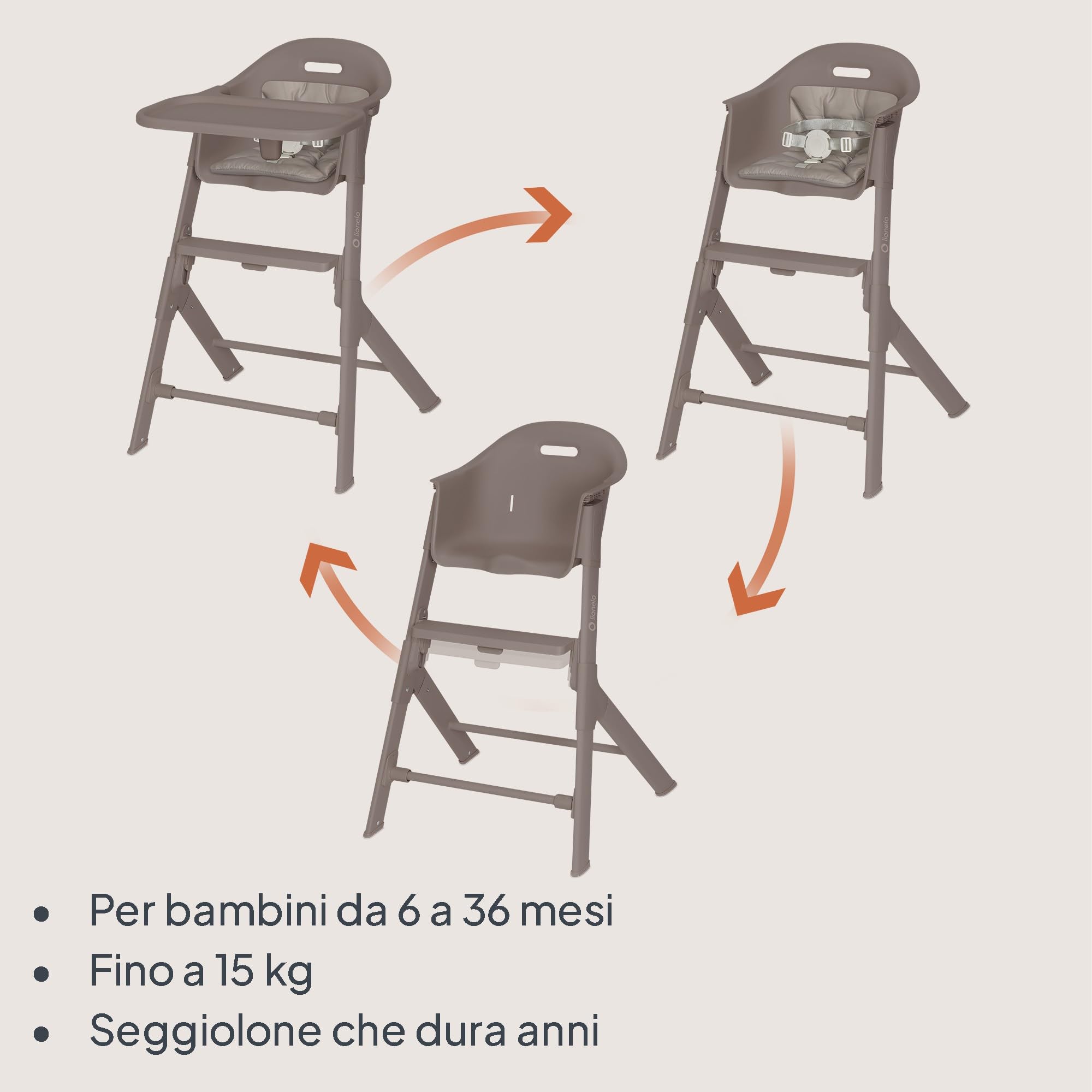 LIONELO Beny Seggiolone Pappa Evolutivo 6-36 Mesi Vassoio Scorrevole | 2 Posizioni del Vassoio, Poggiapiedi Regolabile con Una Mano, Cinture a 3 Punti, Facile da Pulire e Cuscino Lavabile