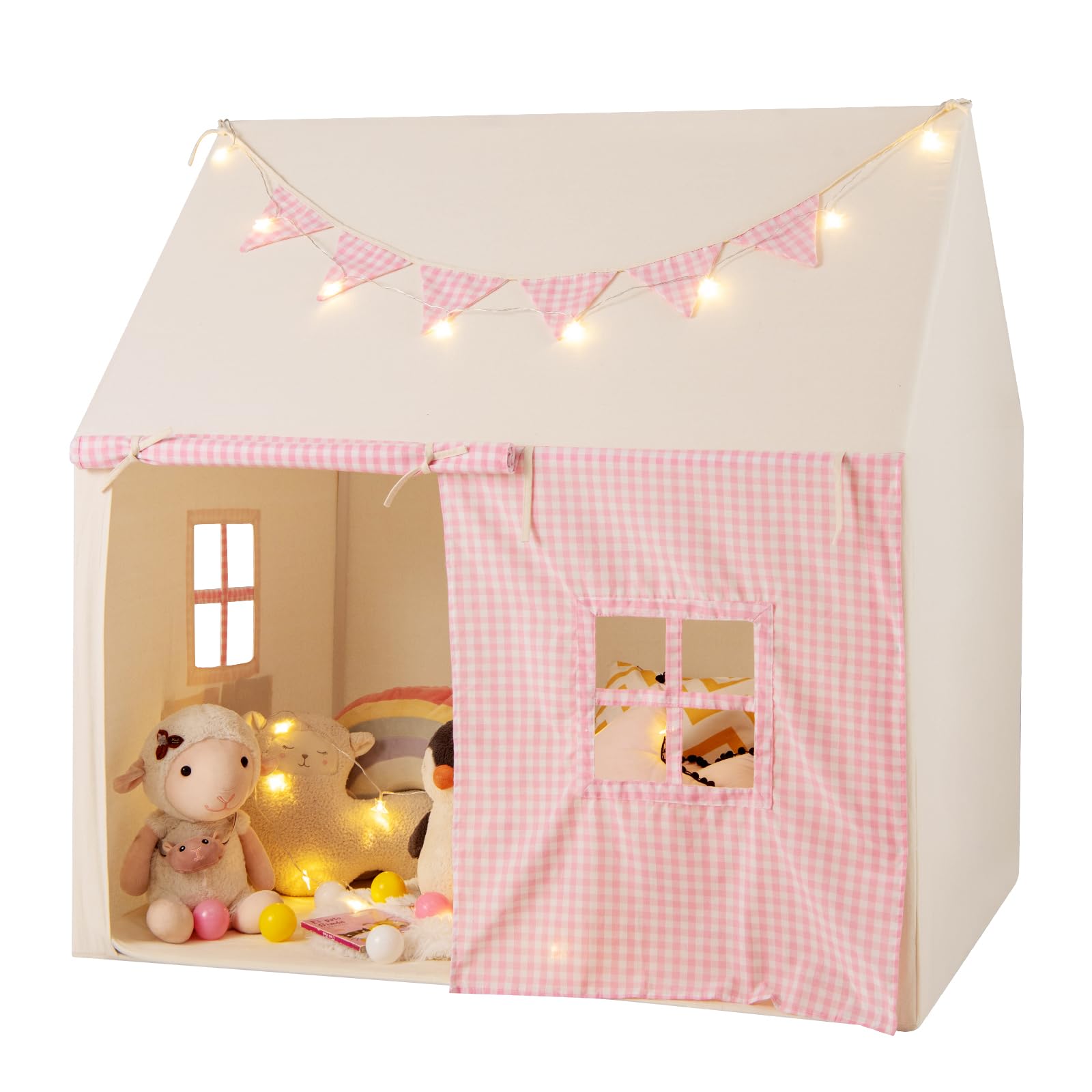 Maxmass Kids Play Tent, Large Children Playhouse with Star Lights, Soft Cotton Mat, Decorative Flags, Cute Windows, Indoor Outdoor Toddler Play House Princess Tent for Girls Boys (Pink)