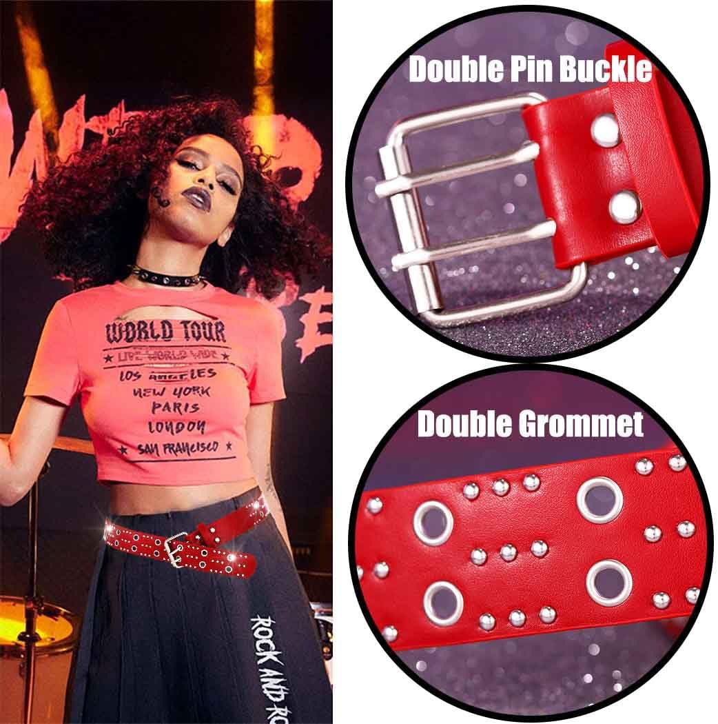 Grommet Leather Belts PU Leather Black Belt for Women Double Holes Belt for Men - Image 3