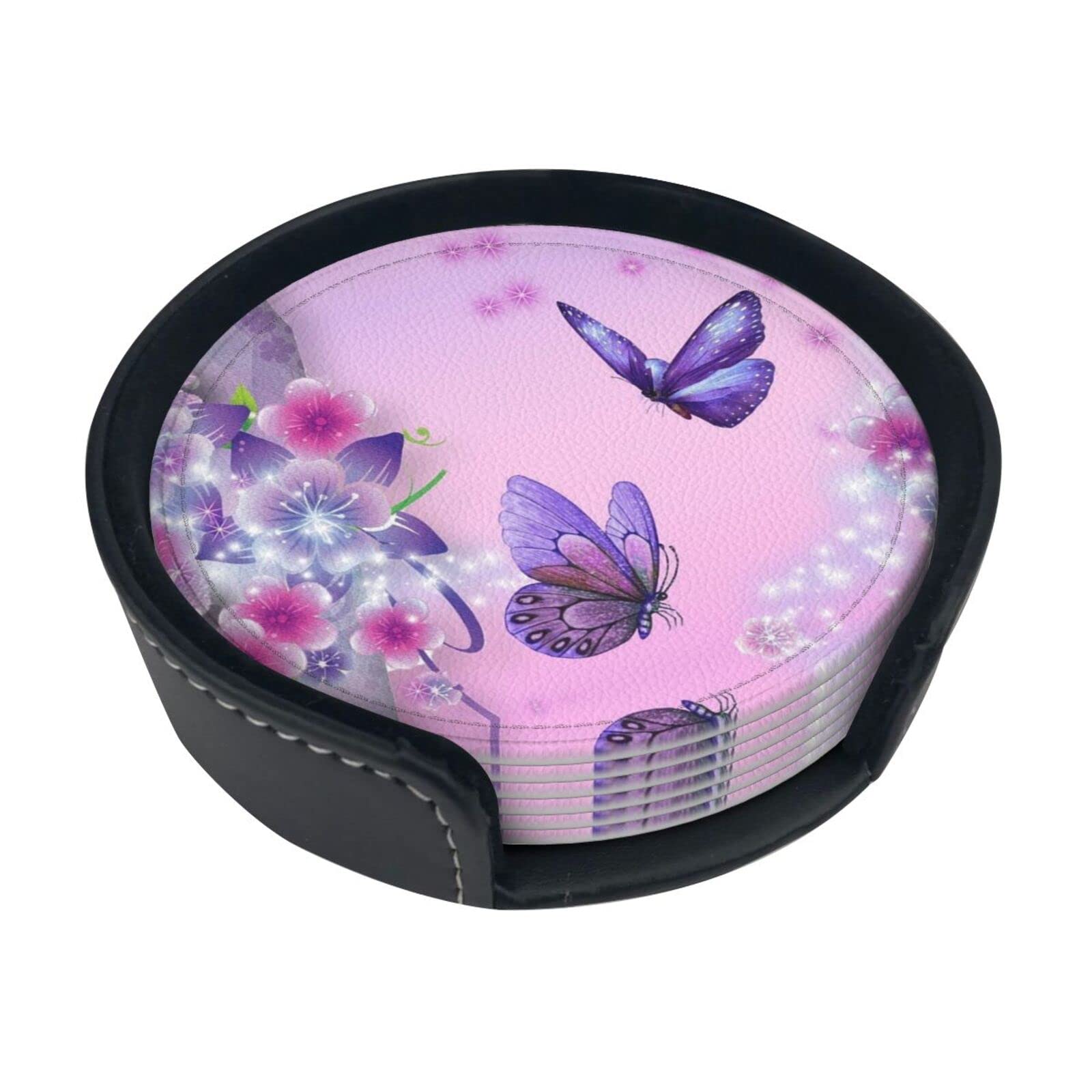 Coasters Set Of 6 Pink Butterfly Print Leather Coasters For Drinks,Home Décor And Housewarming Gift