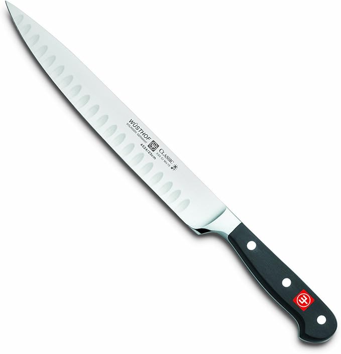 W&Uuml;STHOF Classic 9 inch hollow edge carving knife with black triple rivet handle