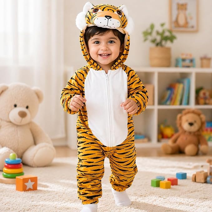 Image of Kids Animal Costume with Hood for Boys & Girls | Soft Plush Animal Fancy Dress Outfit | Jungle Theme Costume for School Functions, Birthday Parties, Role Play & Fancy Dress Competitions