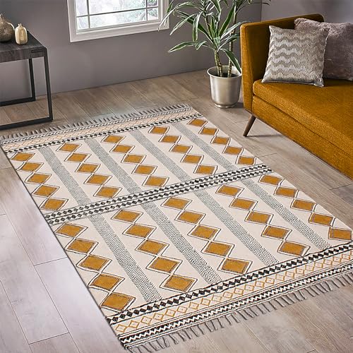 Tapis kilim fait main d'exception en coton beige doré 1,8m