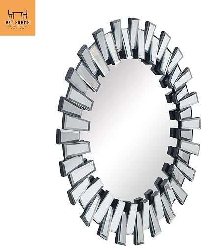 Miniatura 8 de BST FURNH Espejo Redondo de Pared Decorativo de 24 Pulgadas Espejo de Pared Decorativo con Marco Irregular y Borde Biselado Espejos para Pared